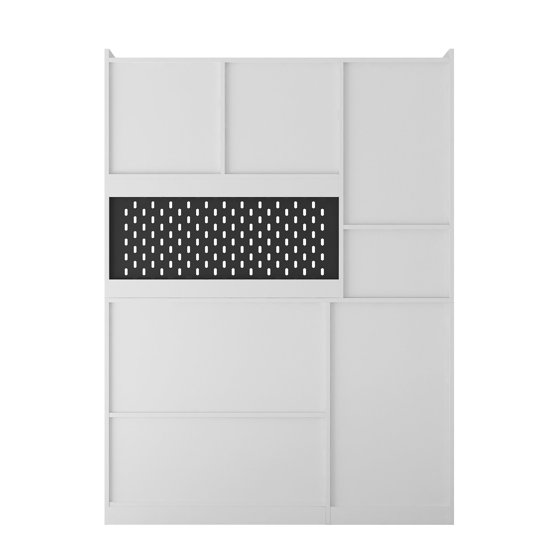 White modern shelf unit with a black pegboard panel for storage