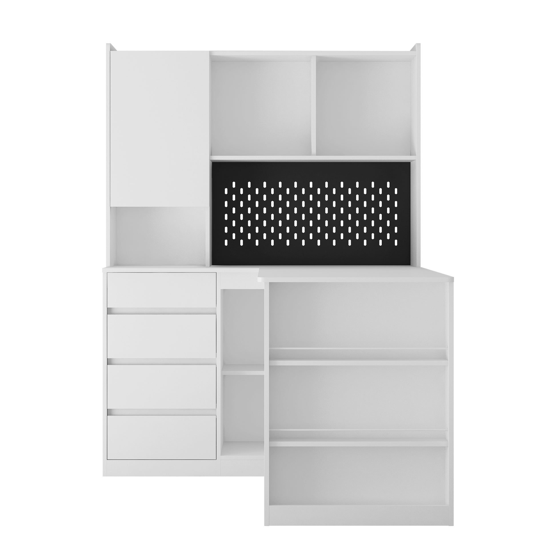Modern white modular desk with drawers and shelving featuring a black pegboard