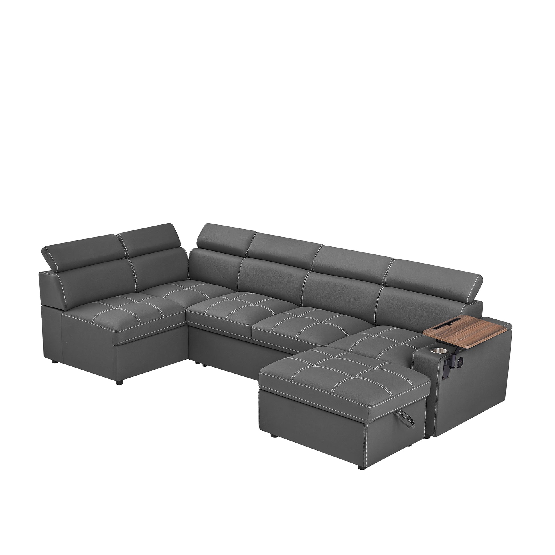Dark gray sectional sofa with white stitching and adjustable headrests featuring a builtin storage ottoman and a console with a cup holder