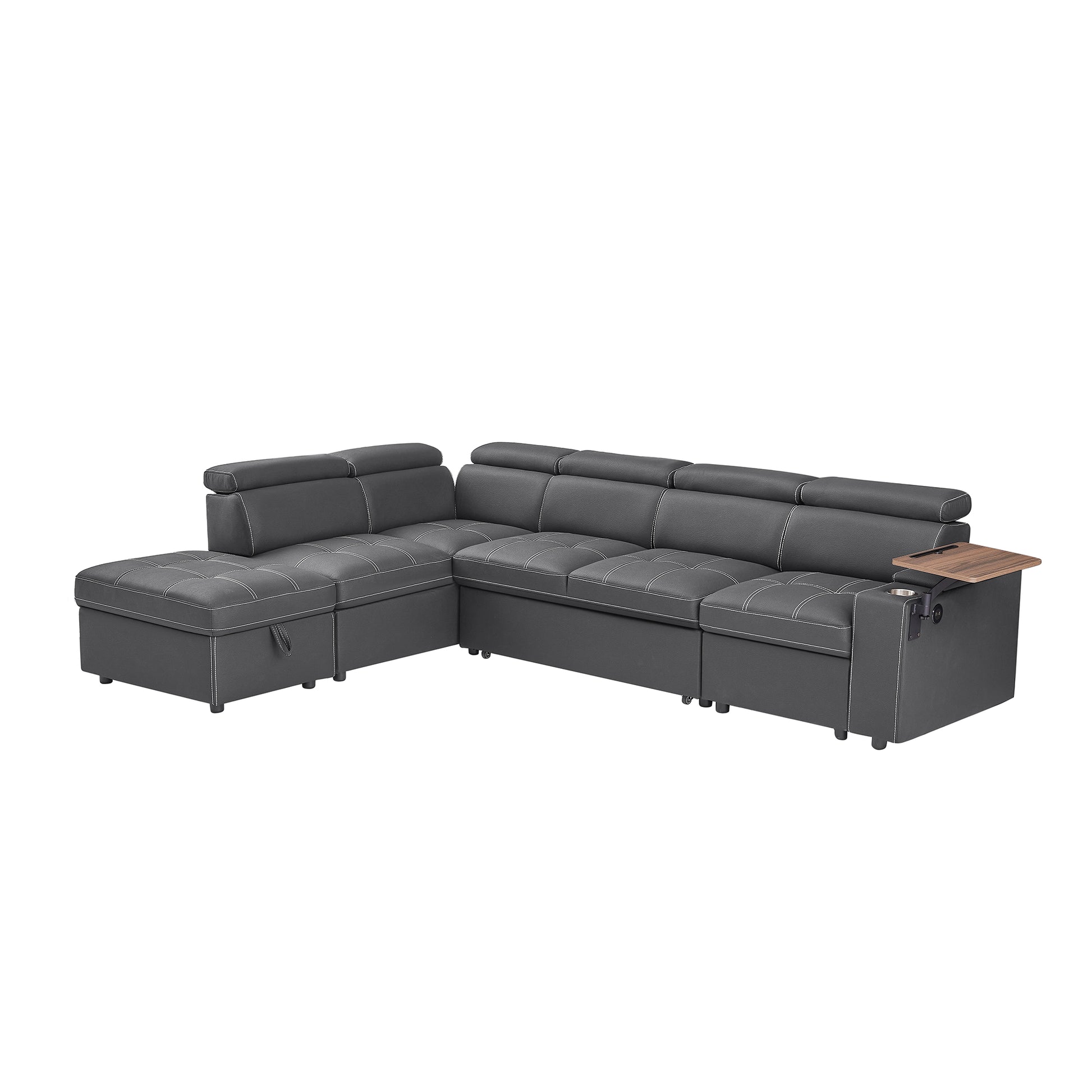 Dark grey faux leather sectional sofa with white stitching builtin storage and tray