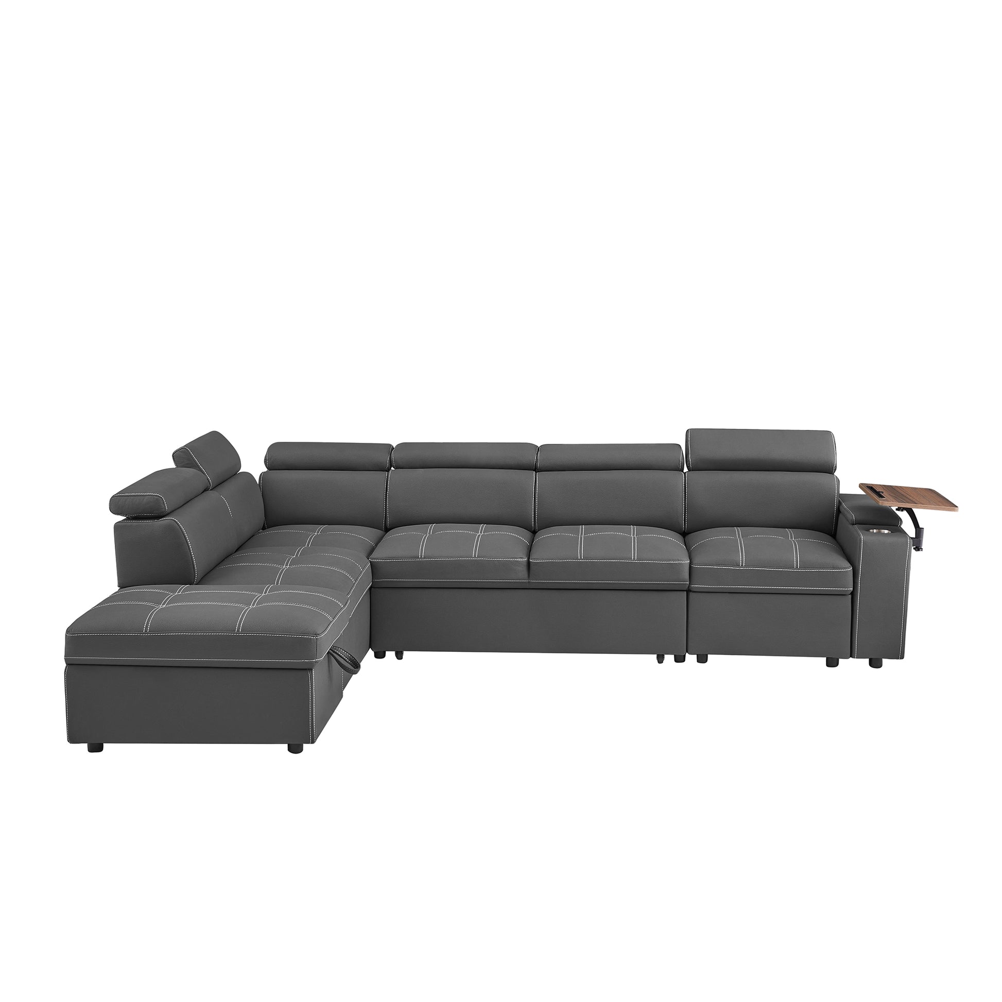Dark grey sectional sofa with white stitching and adjustable headrests