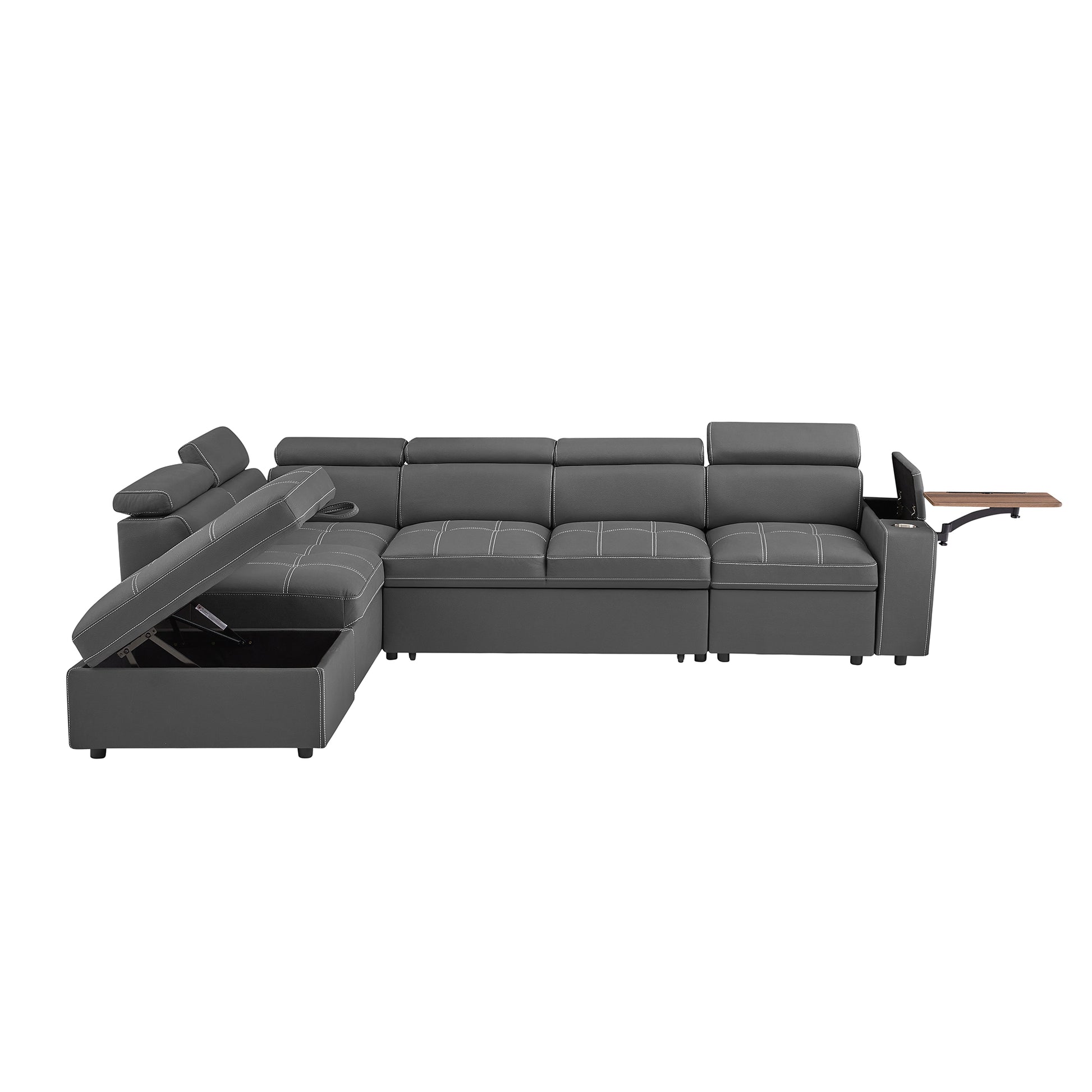 Dark gray sectional sofa with storage chaise and builtin tray
