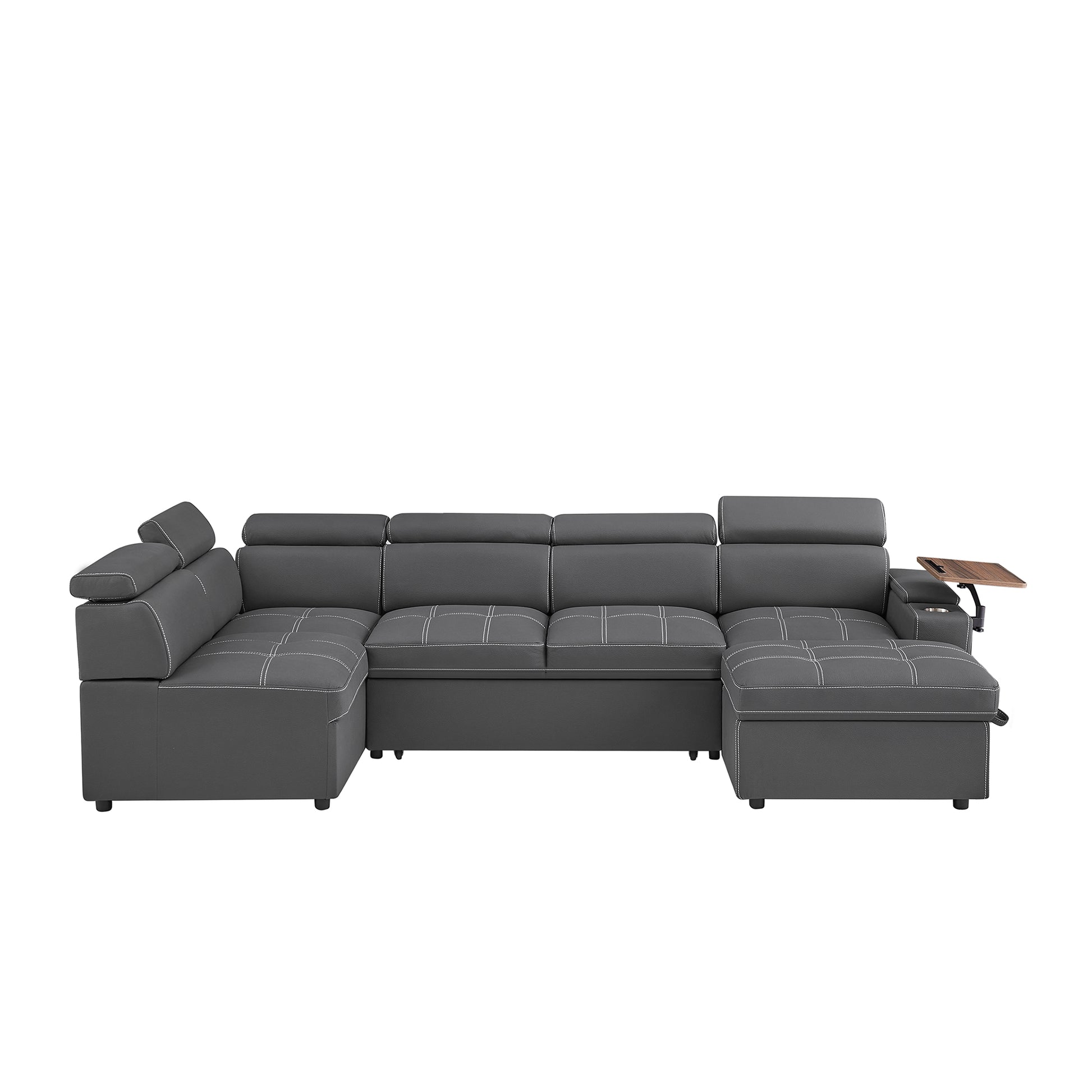 Dark gray sectional sofa with white stitching and adjustable headrests for living room comfort