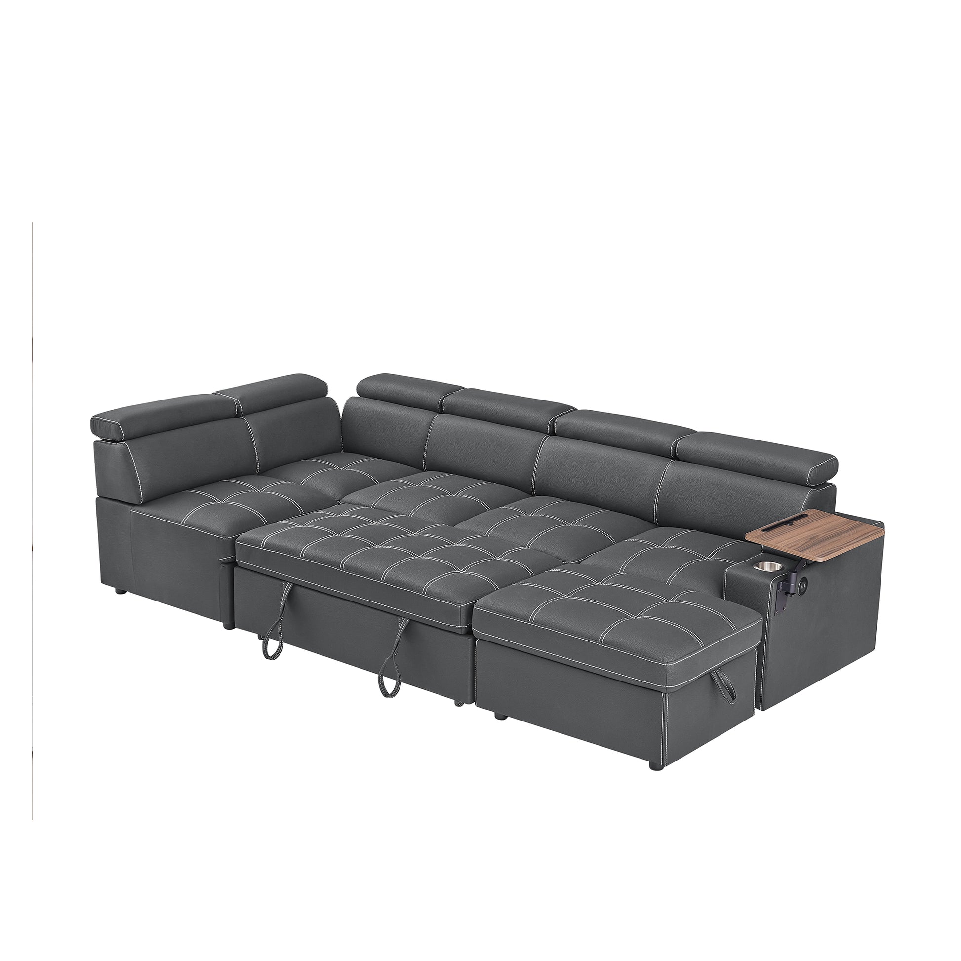 Modern gray sectional sofa with tufted cushions and white stitching for living rooms
