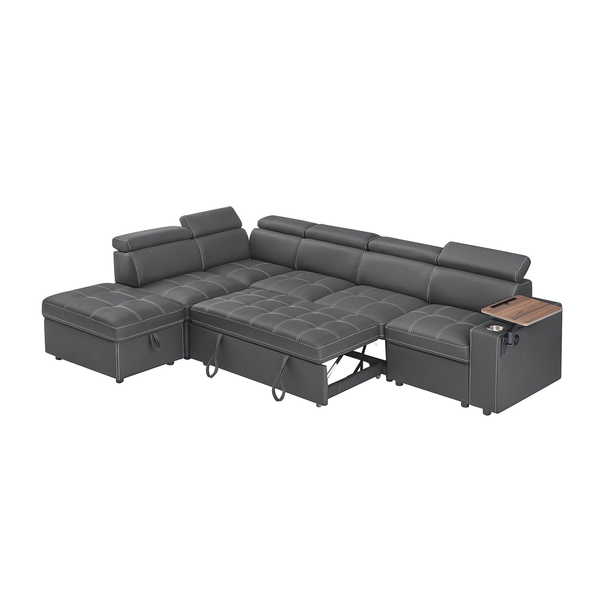 Dark gray faux leather sectional sofa with pullout bed and storage compartments