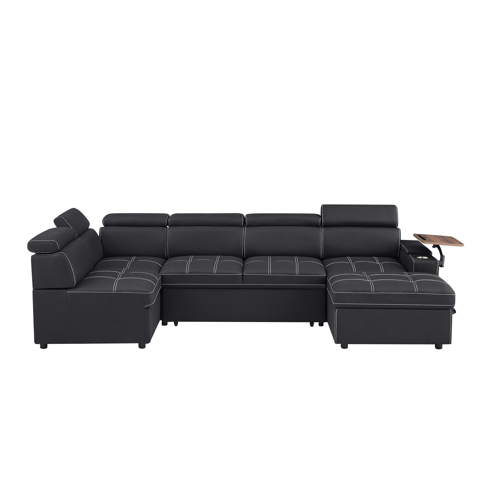 Black faux leather sectional sofa with white stitching and adjustable headrests ideal for living rooms