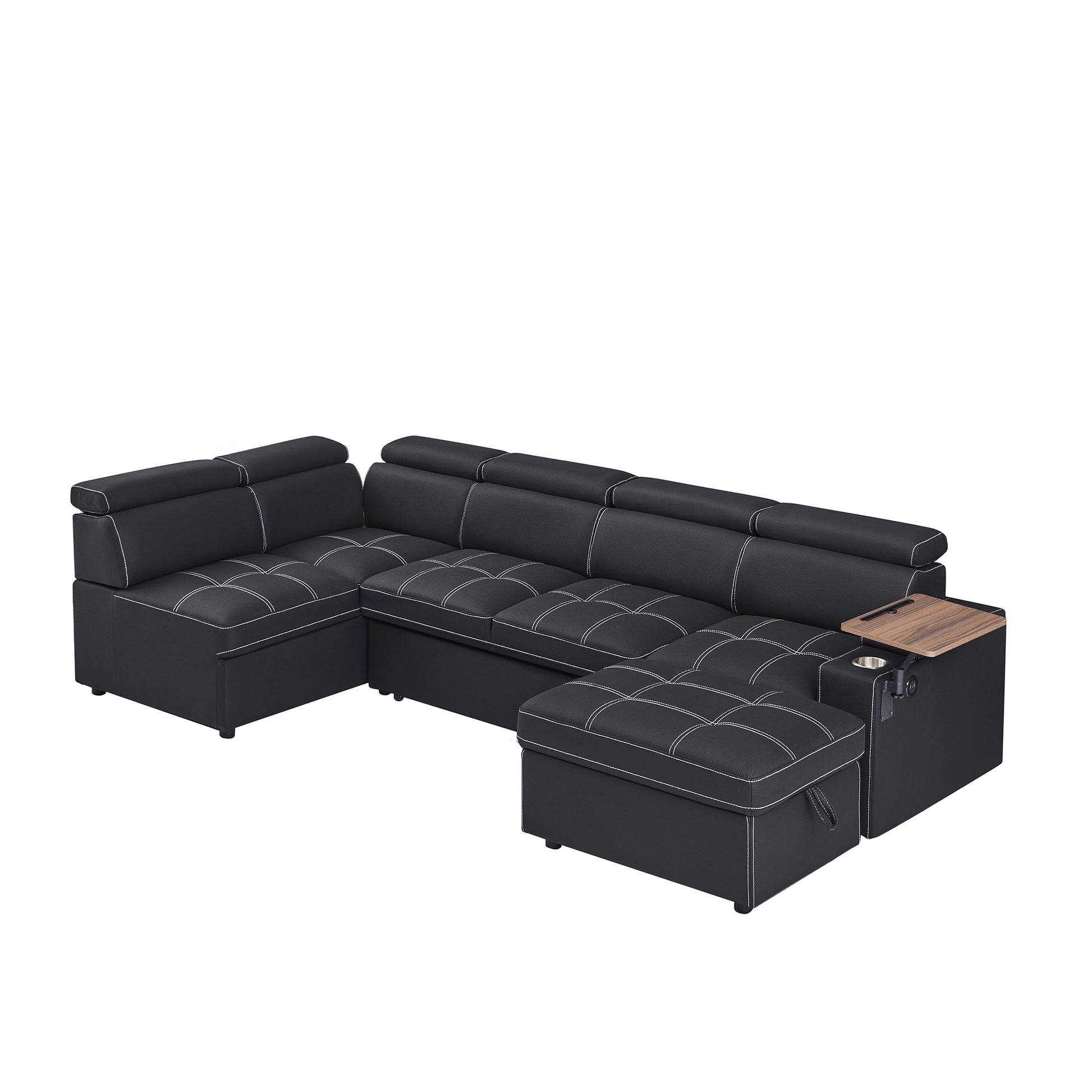 Black leather sectional sofa with white stitching and builtin storage