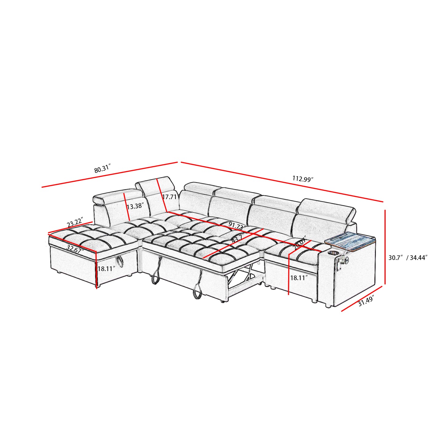 Diagram of a modular sectional sofa with dimensions showing recliner and storage