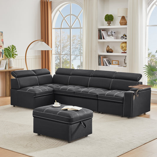 Black faux leather sectional sofa with white stitching and storage ottoman