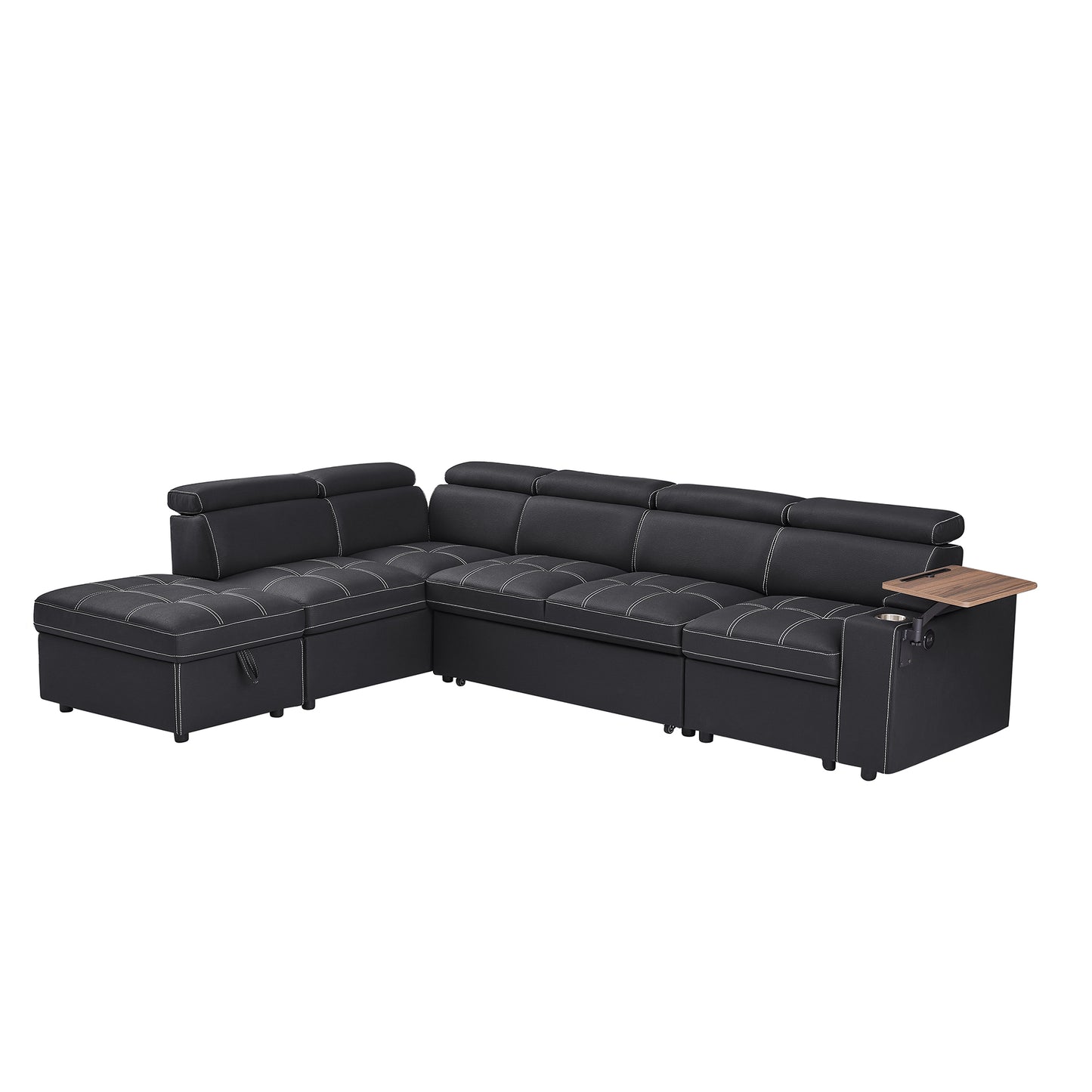 Black leather sectional sofa with storage chaise and integrated wood tray table
