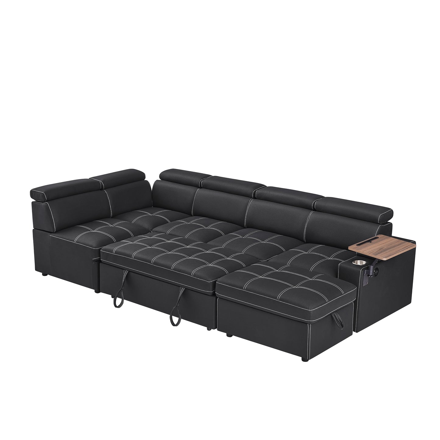 Modern black faux leather sectional sofa with white stitching and builtin storage