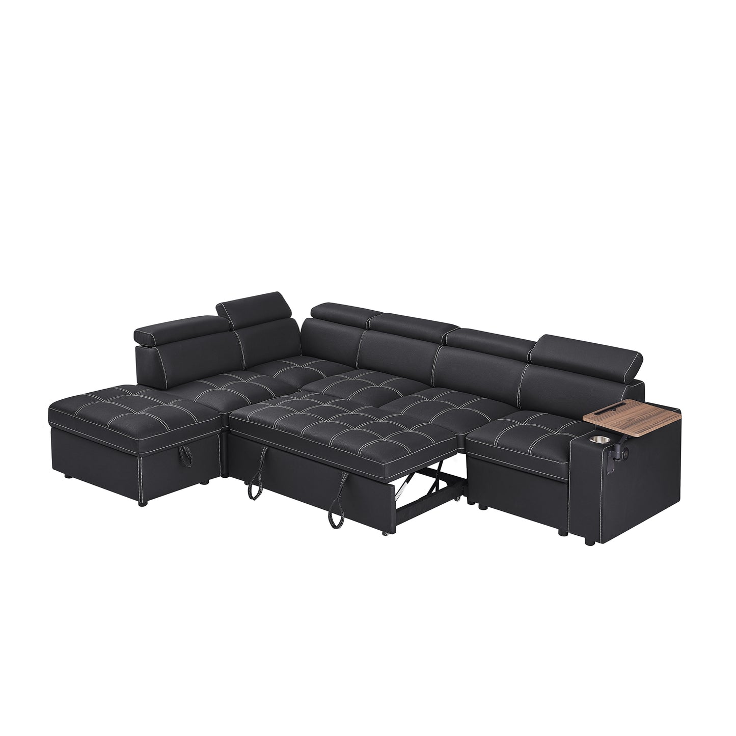 Black faux leather sectional sofa with pullout bed and storage