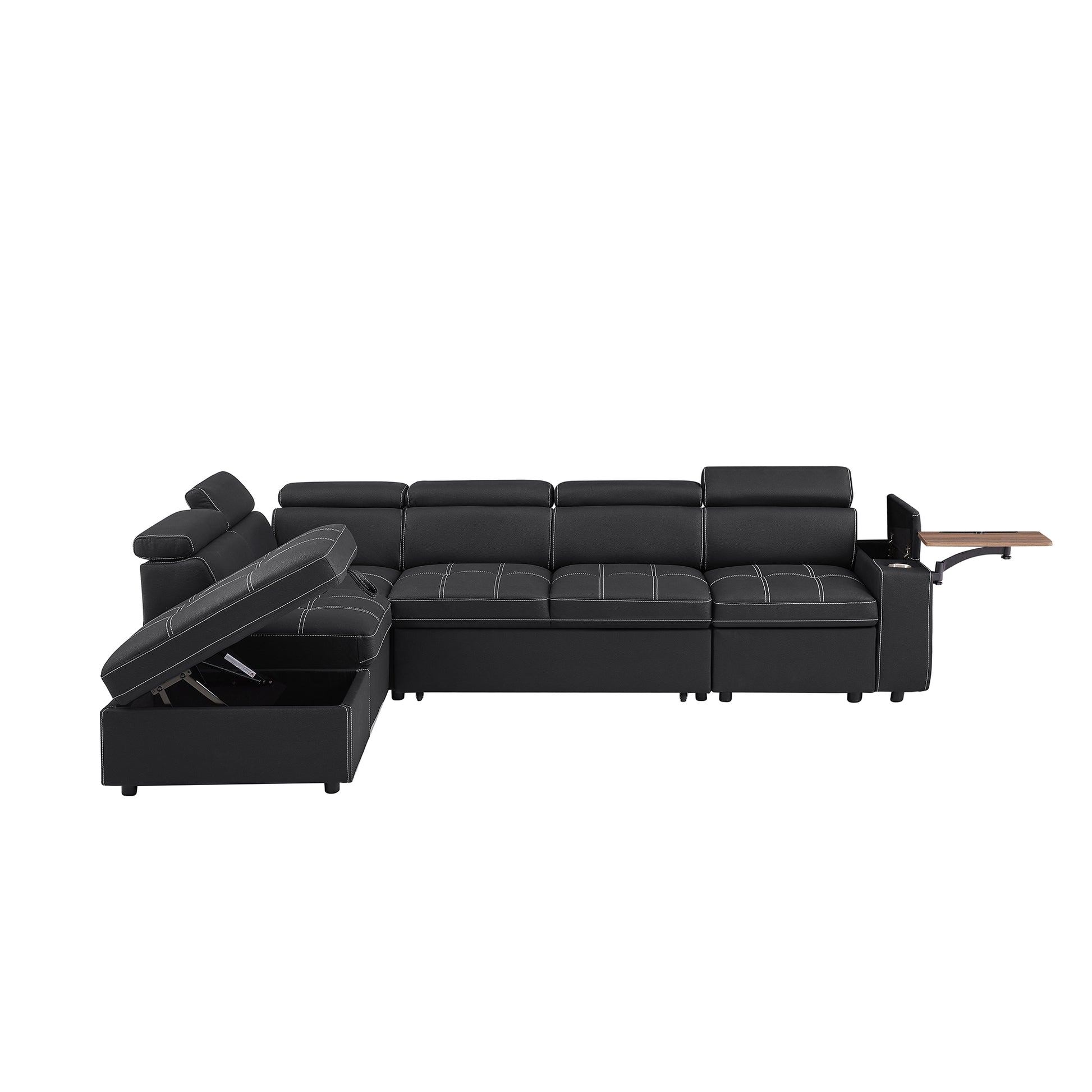 Black sectional sofa with white stitching lifttop storage ottoman and builtin tray