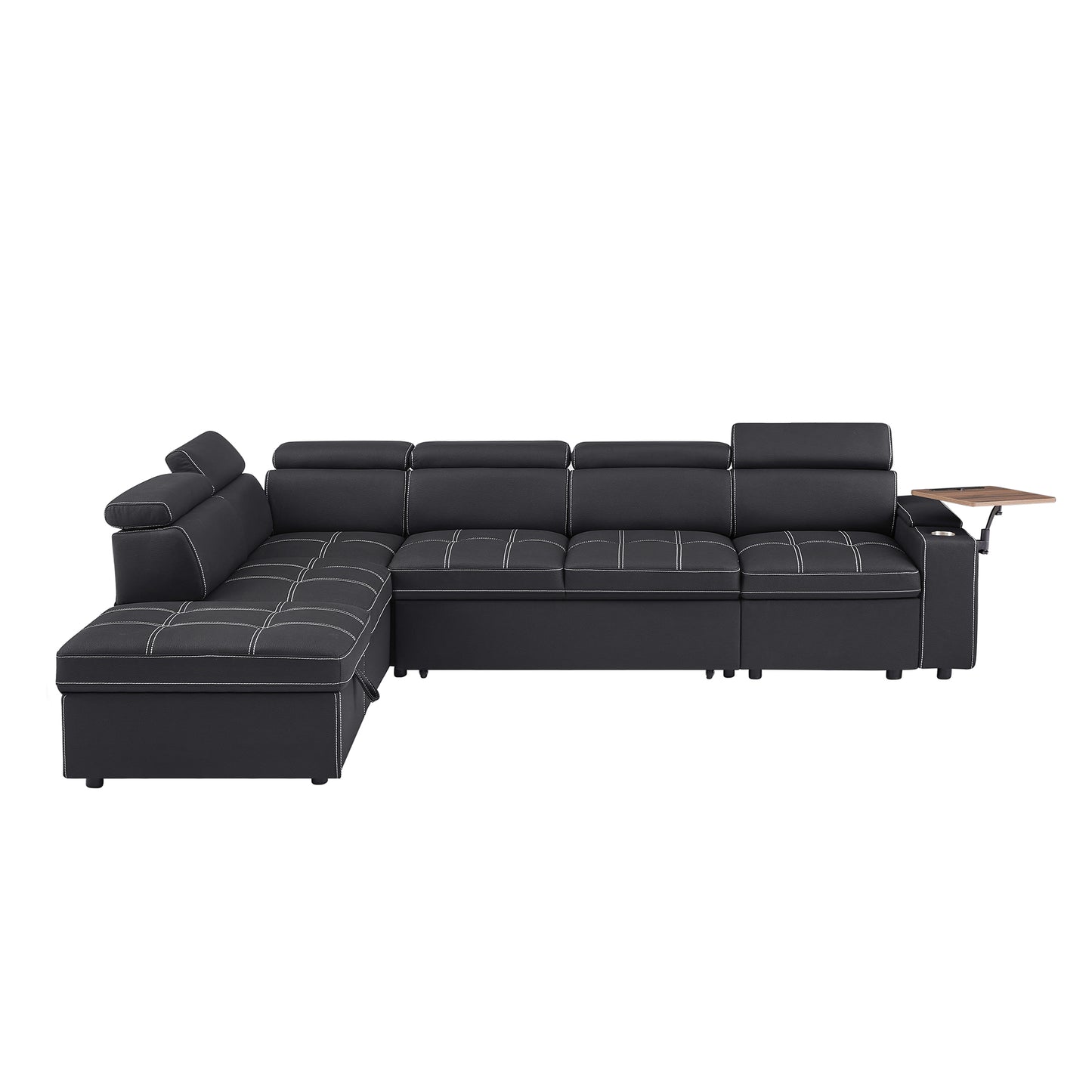 Black leather sectional sofa with adjustable headrests and integrated storage ottoman