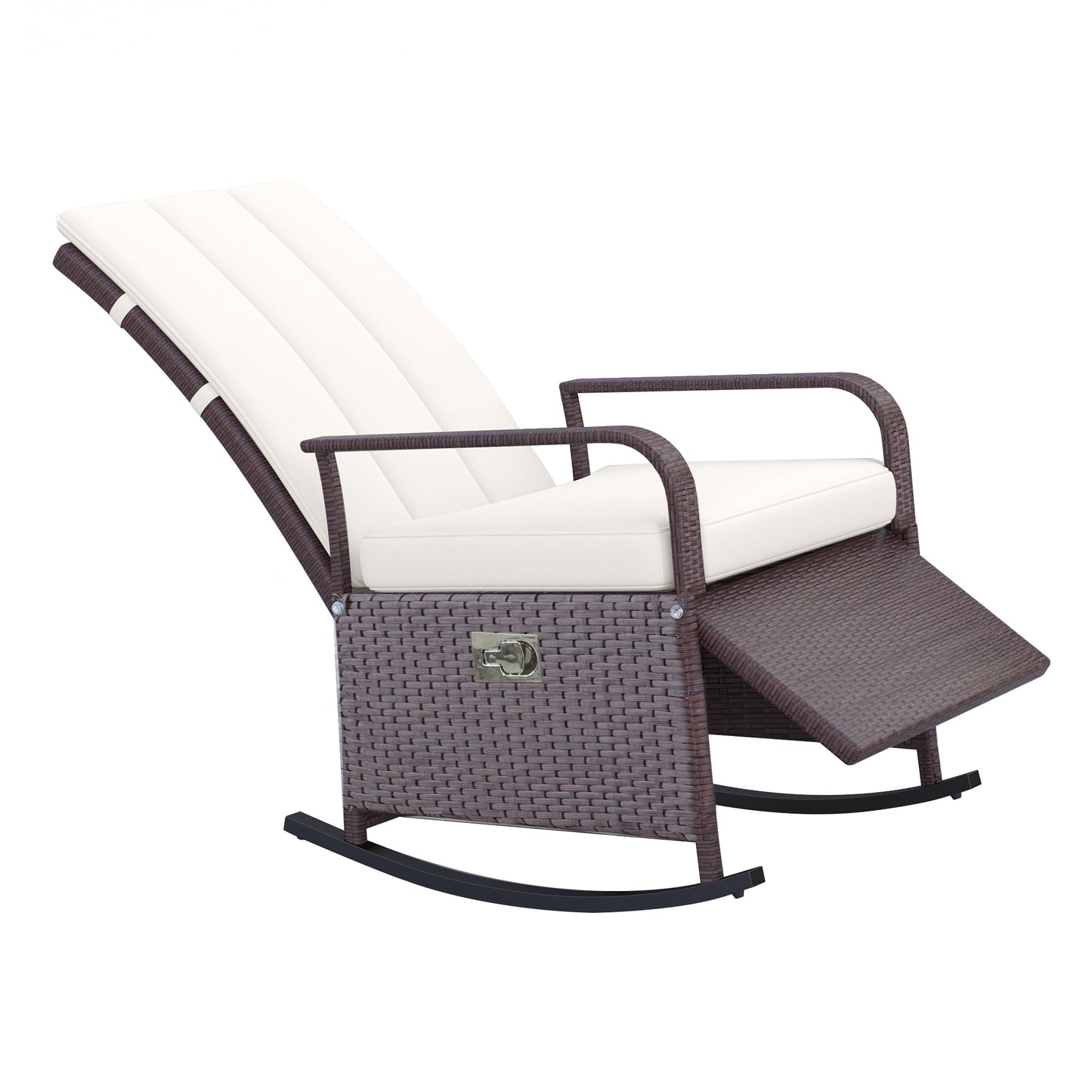 Brown rattan rocking chair with cream cushions and recliner footrest