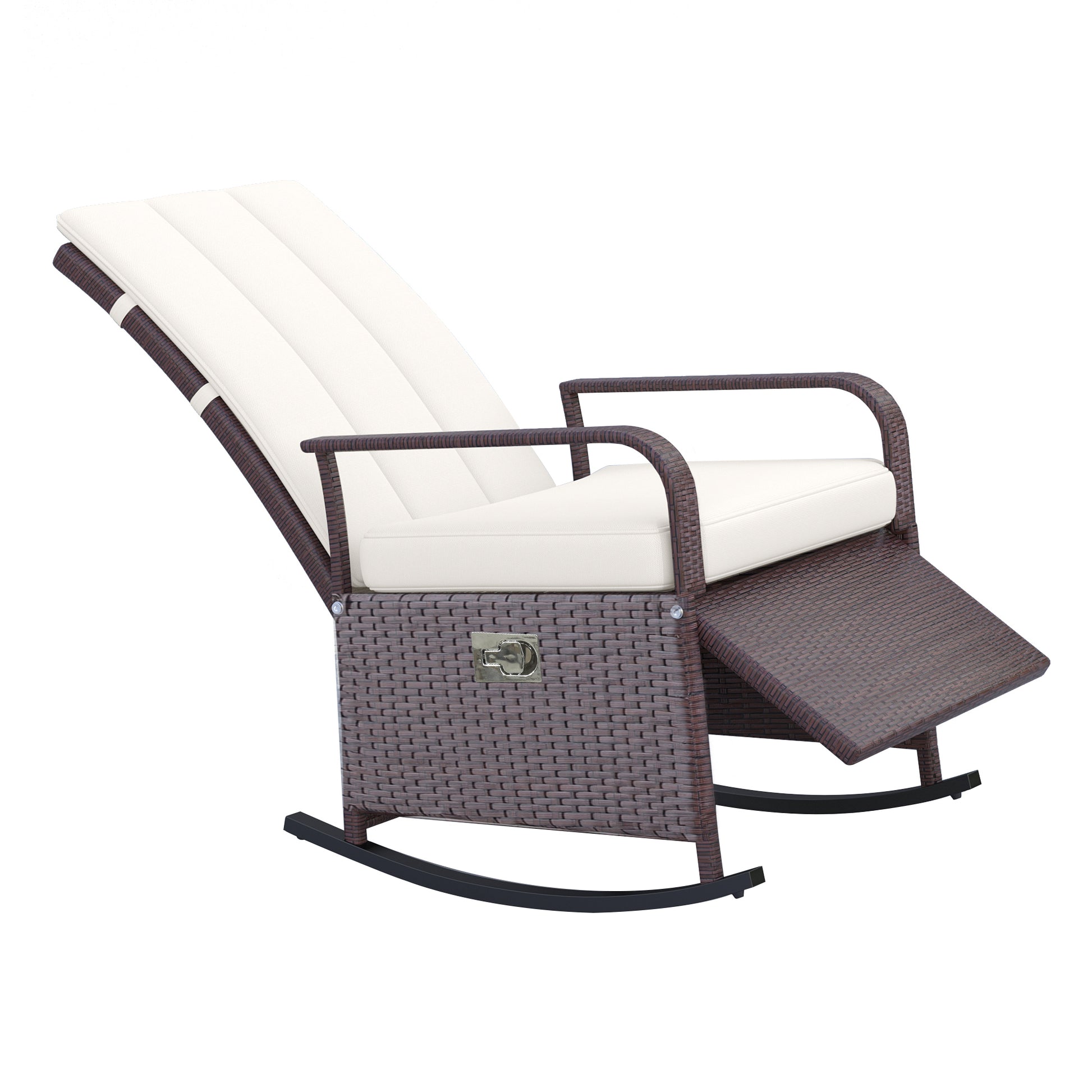 Brown rattan rocking chair with cream cushions and recliner footrest