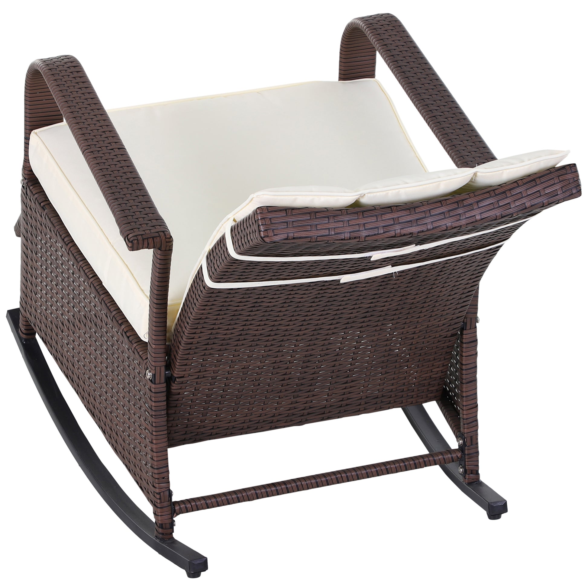 Brown wicker rocking chair with cream cushions ideal for outdoor patio relaxation