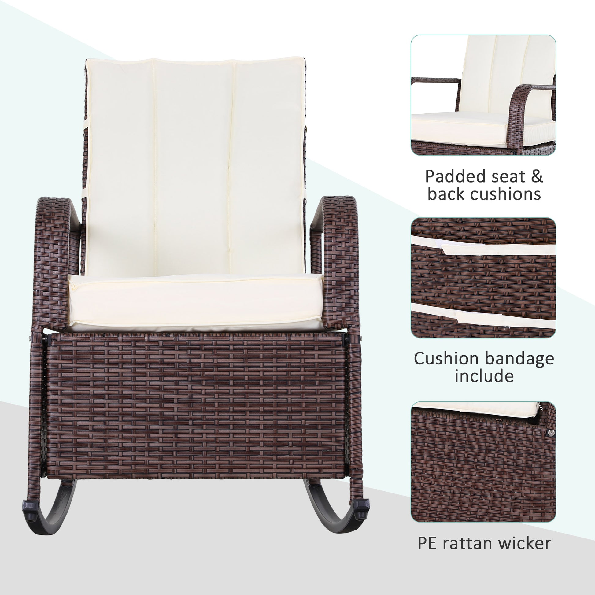 Dark brown PE rattan wicker rocking chair with plush cream cushions