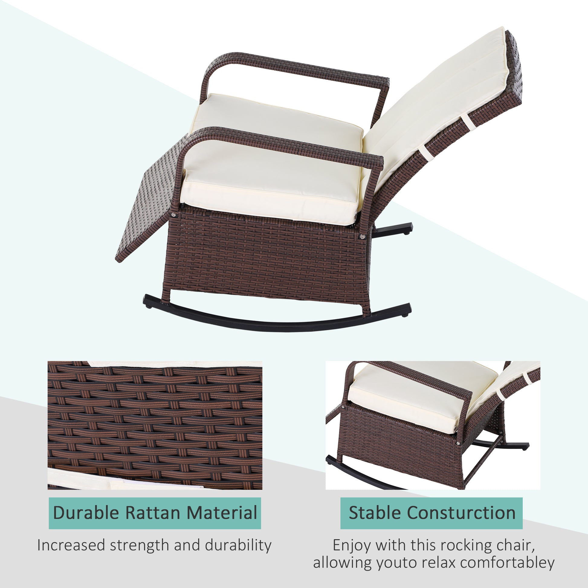 Brown rattan rocking chair with cream cushions ideal for outdoor relaxation