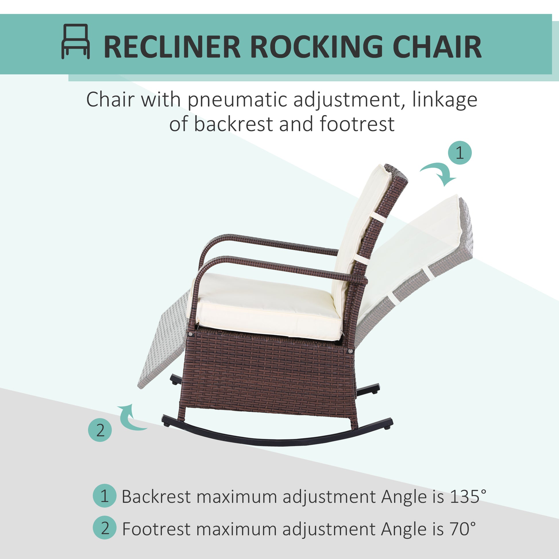 Brown wicker recliner rocking chair with cream cushions and adjustable backrest