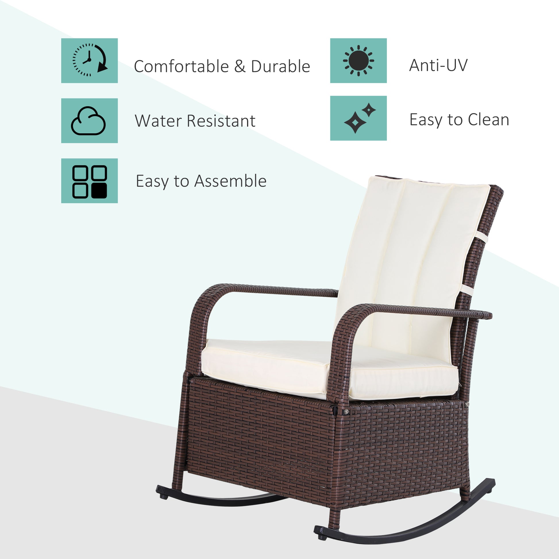 Brown wicker rocking chair with beige cushions comfortable outdoor furniture