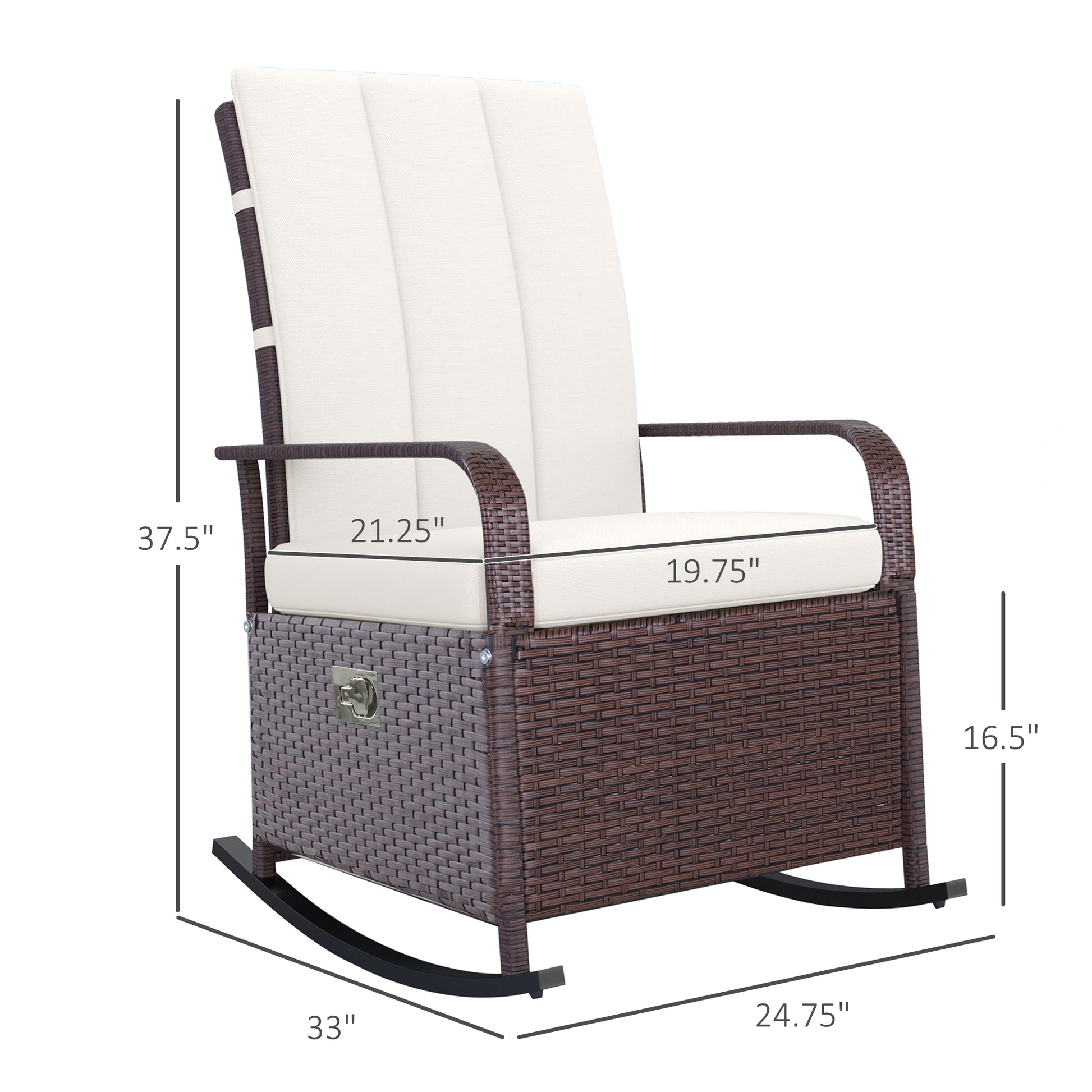 Brown rattan rocking chair with cream cushions and metal accents for patio relaxation