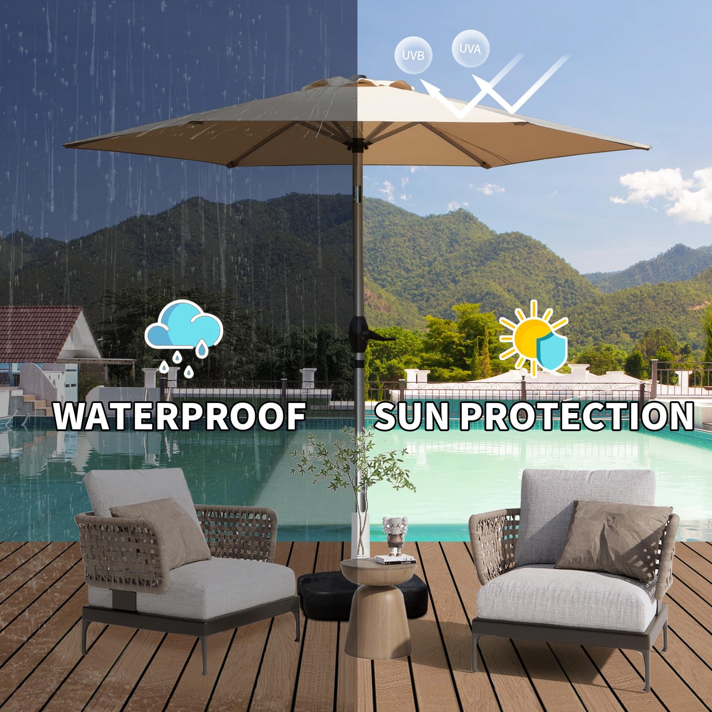 Beige patio umbrella providing waterproof protection and sun protection