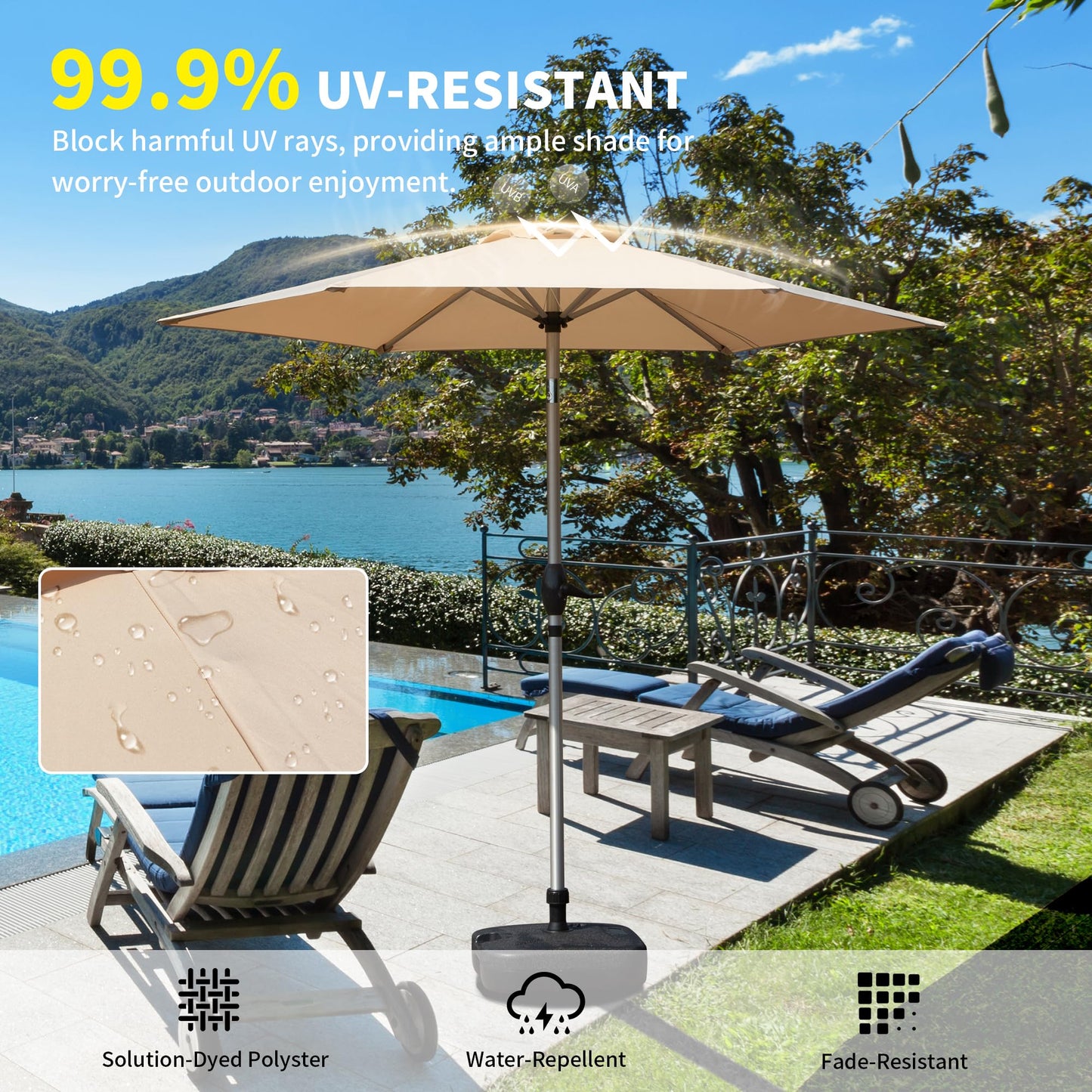 Tan patio umbrella with  UVresistant canopy providing ample shade by the pool