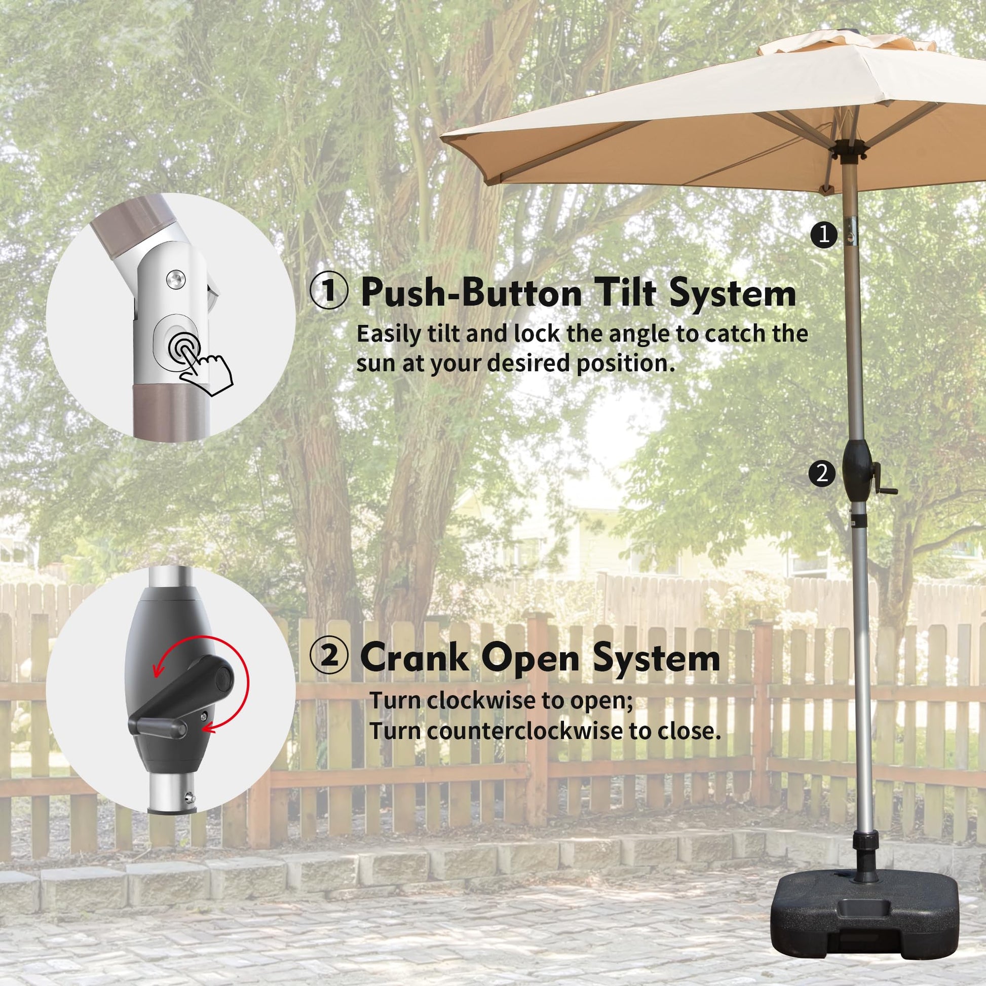 Patio umbrella with pushbutton tilt system and crank open mechanism