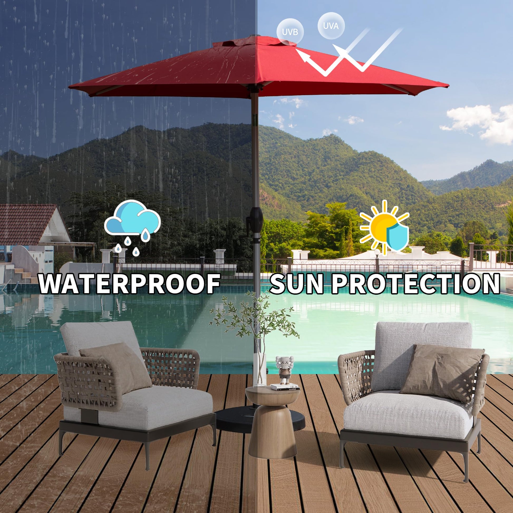 Red patio umbrella offers waterproof protection against rain perfect for outdoor events