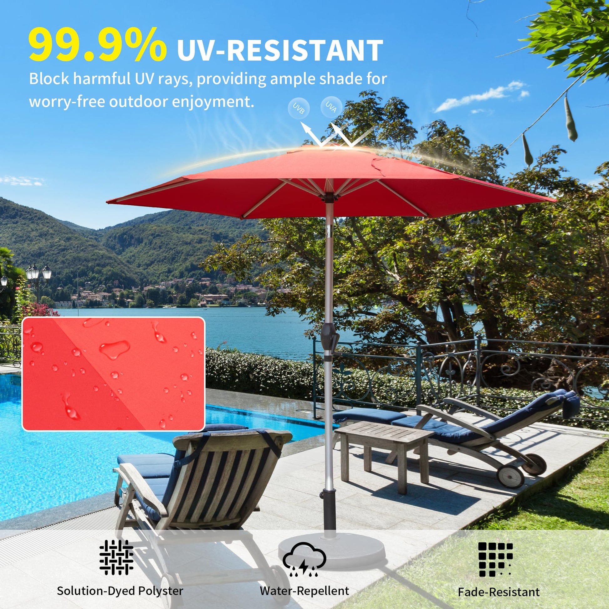 Red square patio umbrella made of solutiondyed polyester with UVresistant fabric