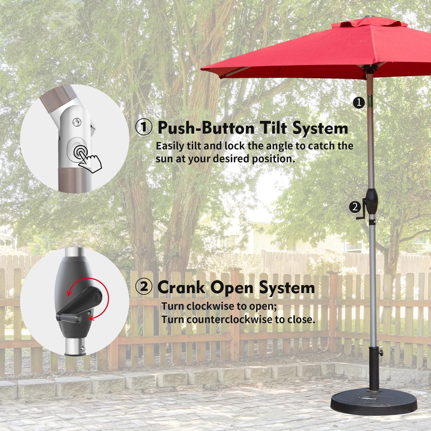 Red patio umbrella with pushbutton tilt system for adjustable shade