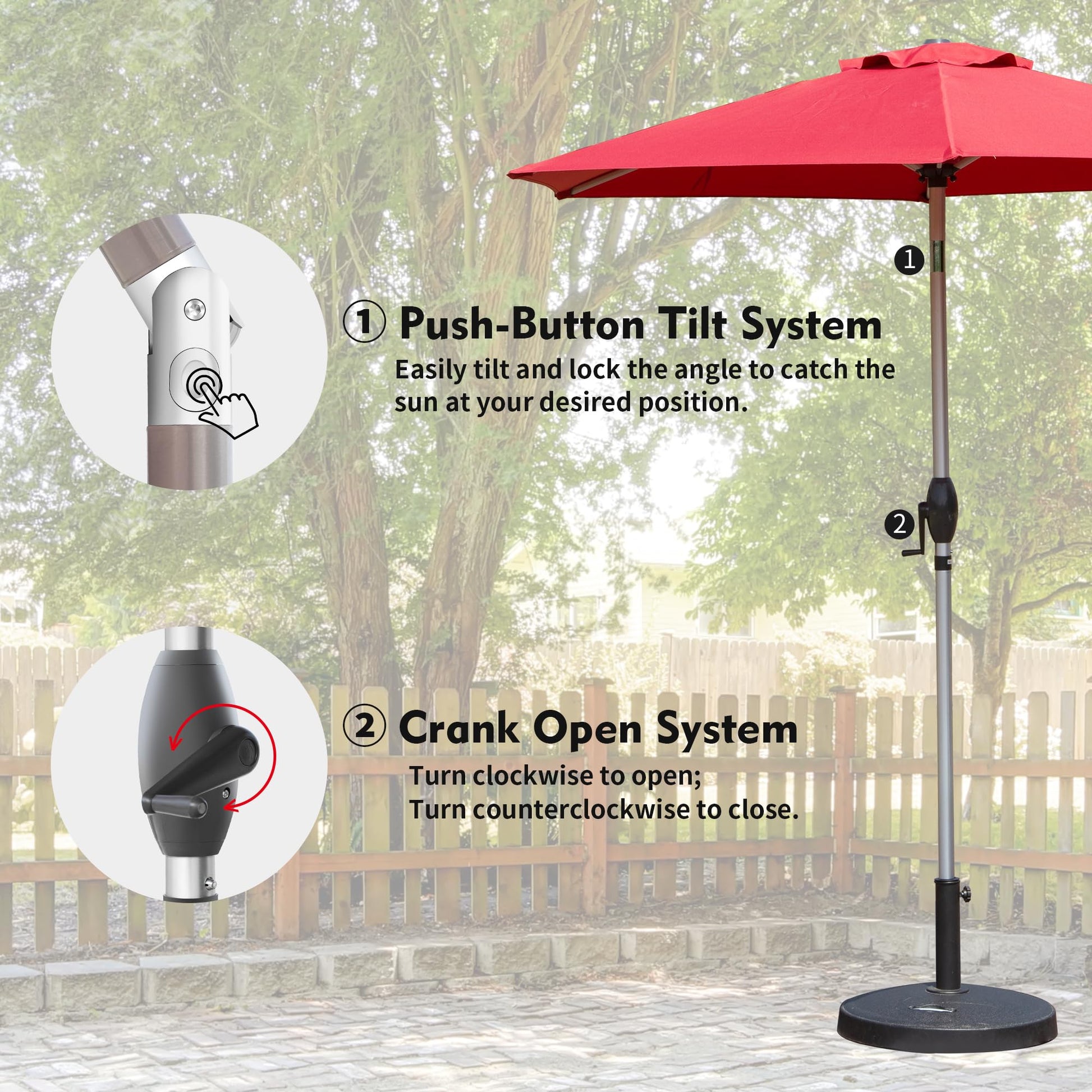 Red patio umbrella with pushbutton tilt system for adjustable shade