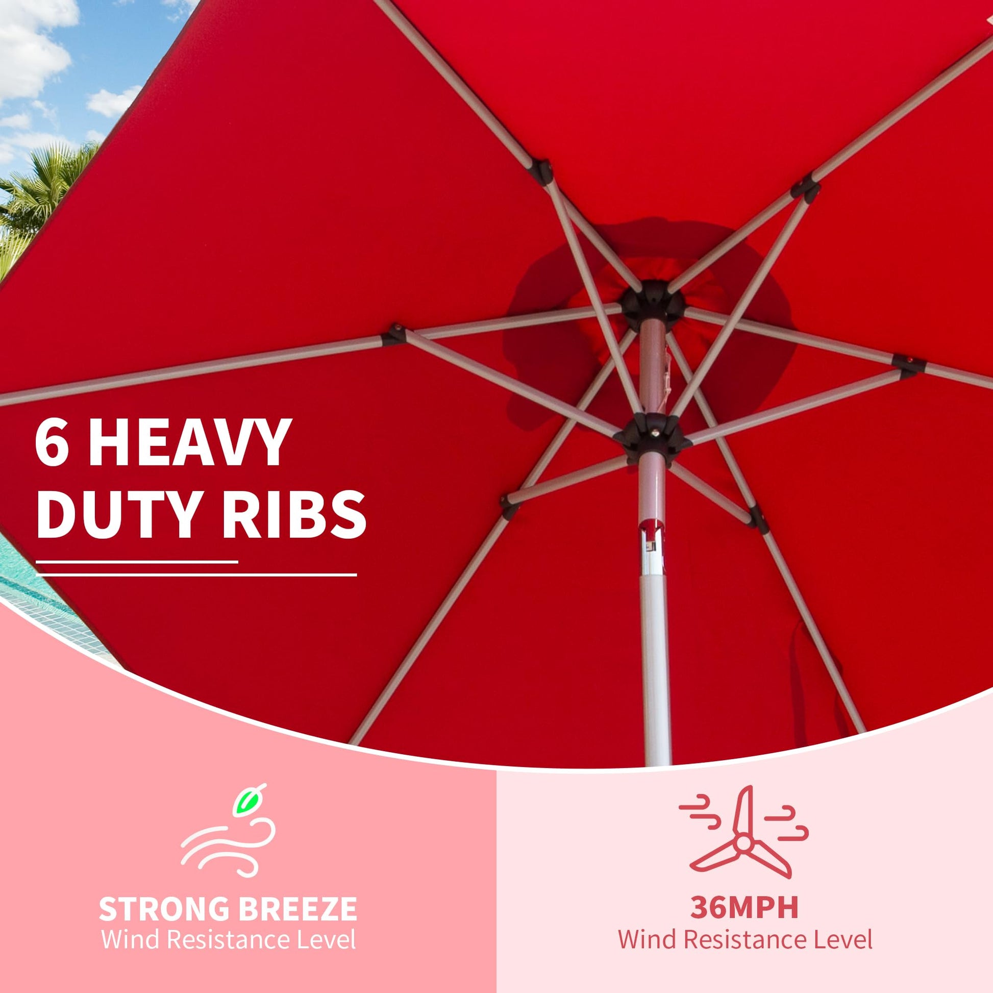 Red patio umbrella with  heavy duty ribs for durability and wind resistance