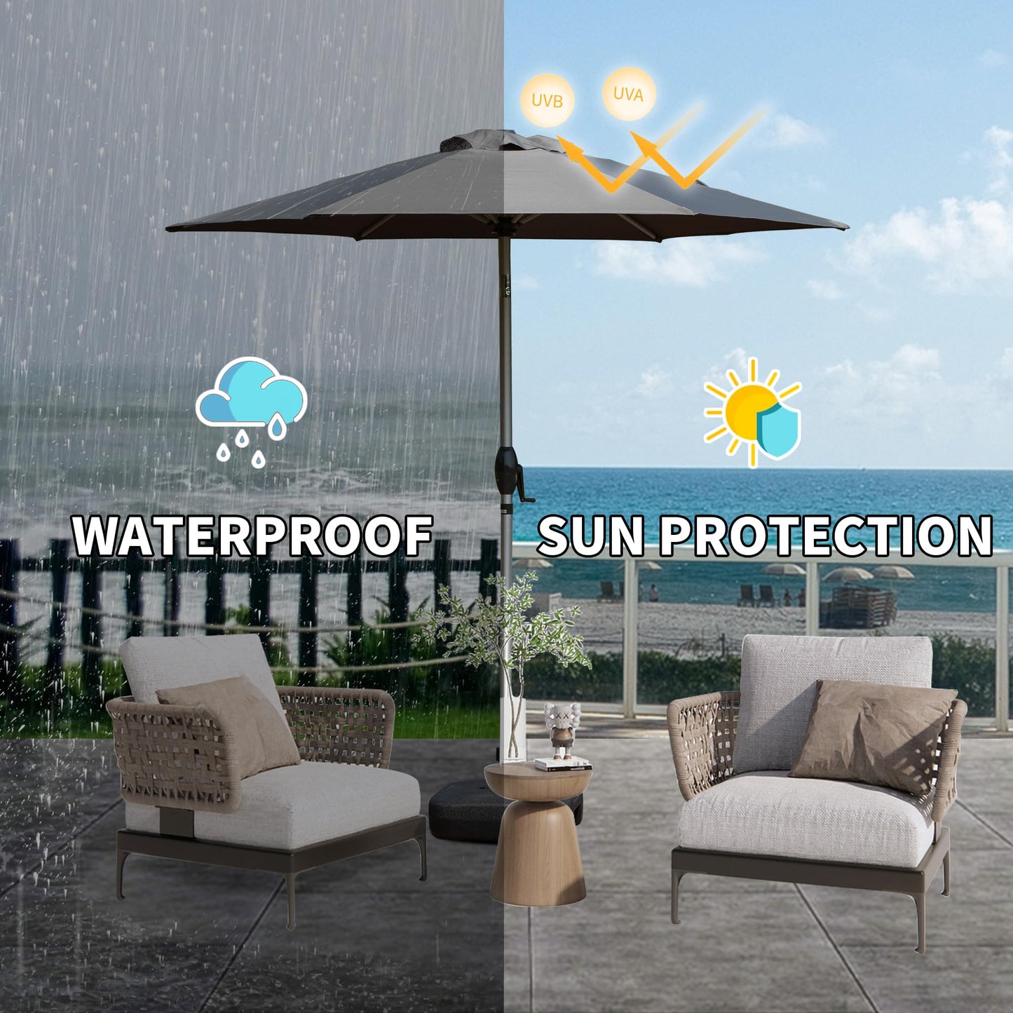 Grey patio umbrella with waterproof fabric and sun protection for outdoor use