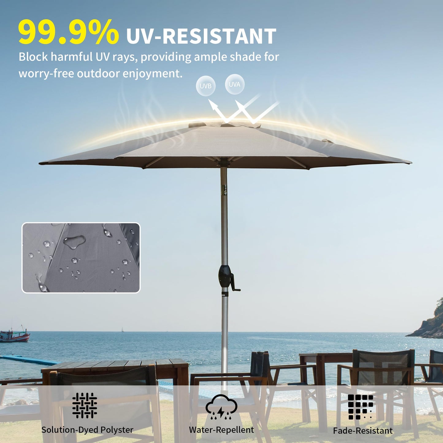 Large grey patio umbrella with  UVresistant fabric
