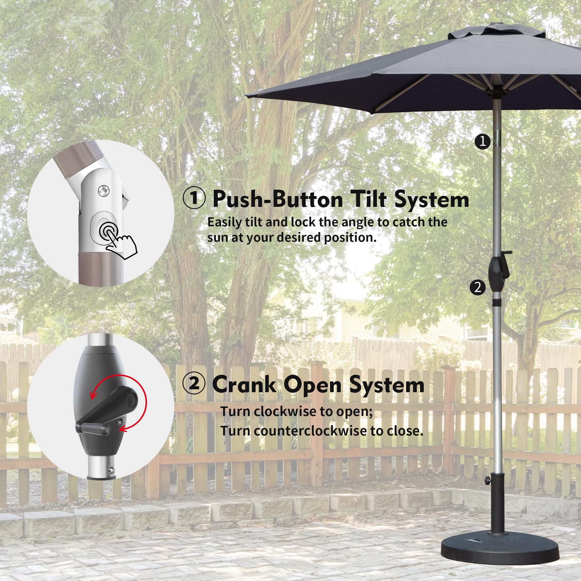 Patio umbrella pole with pushbutton tilt system for sun angle adjustment