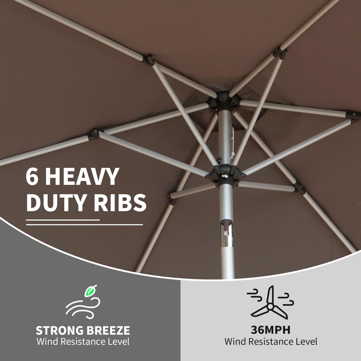 Brown patio umbrella underside showing  heavy duty ribs for superior wind resistance