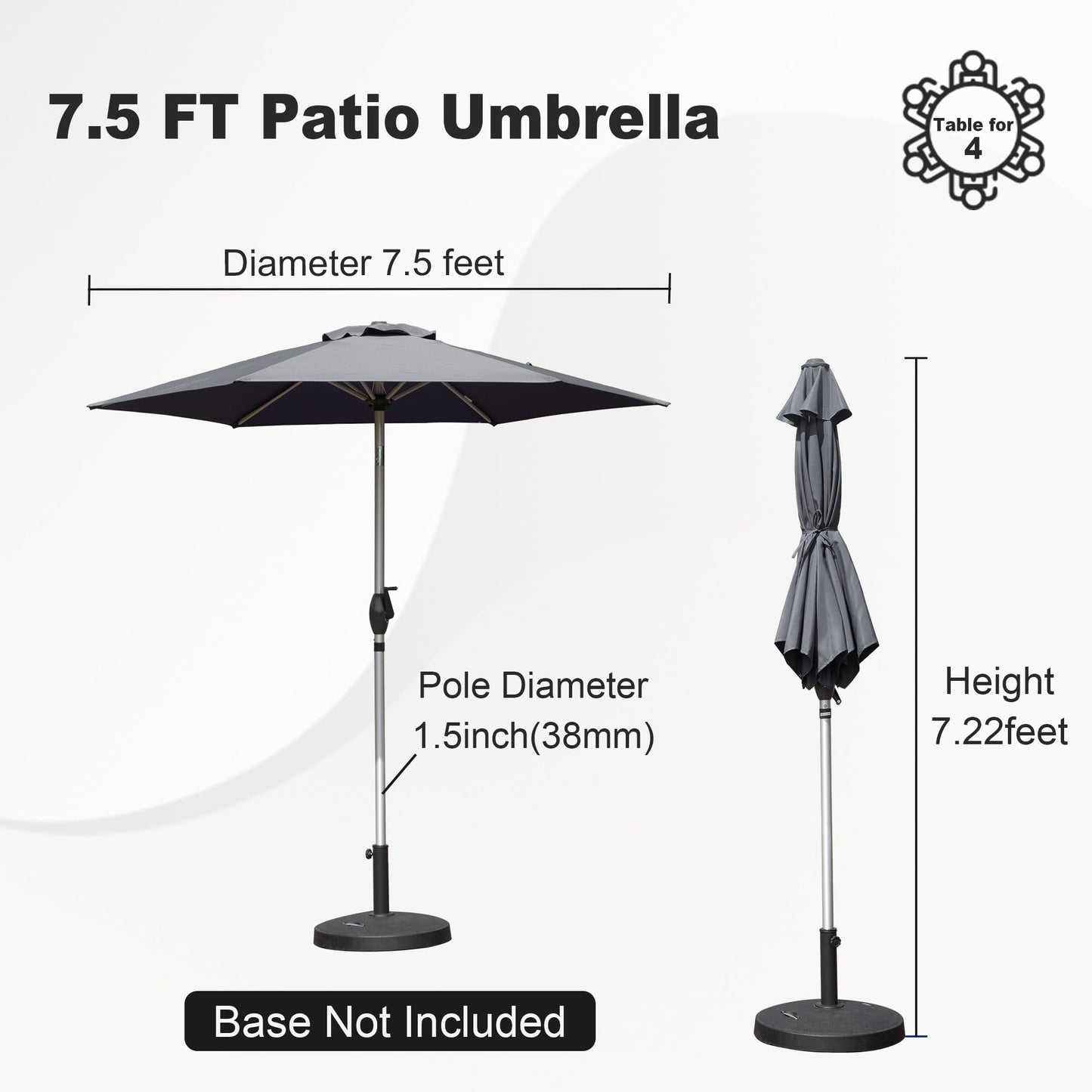 Dark gray  ft patio umbrella shown open with dimensions indicated
