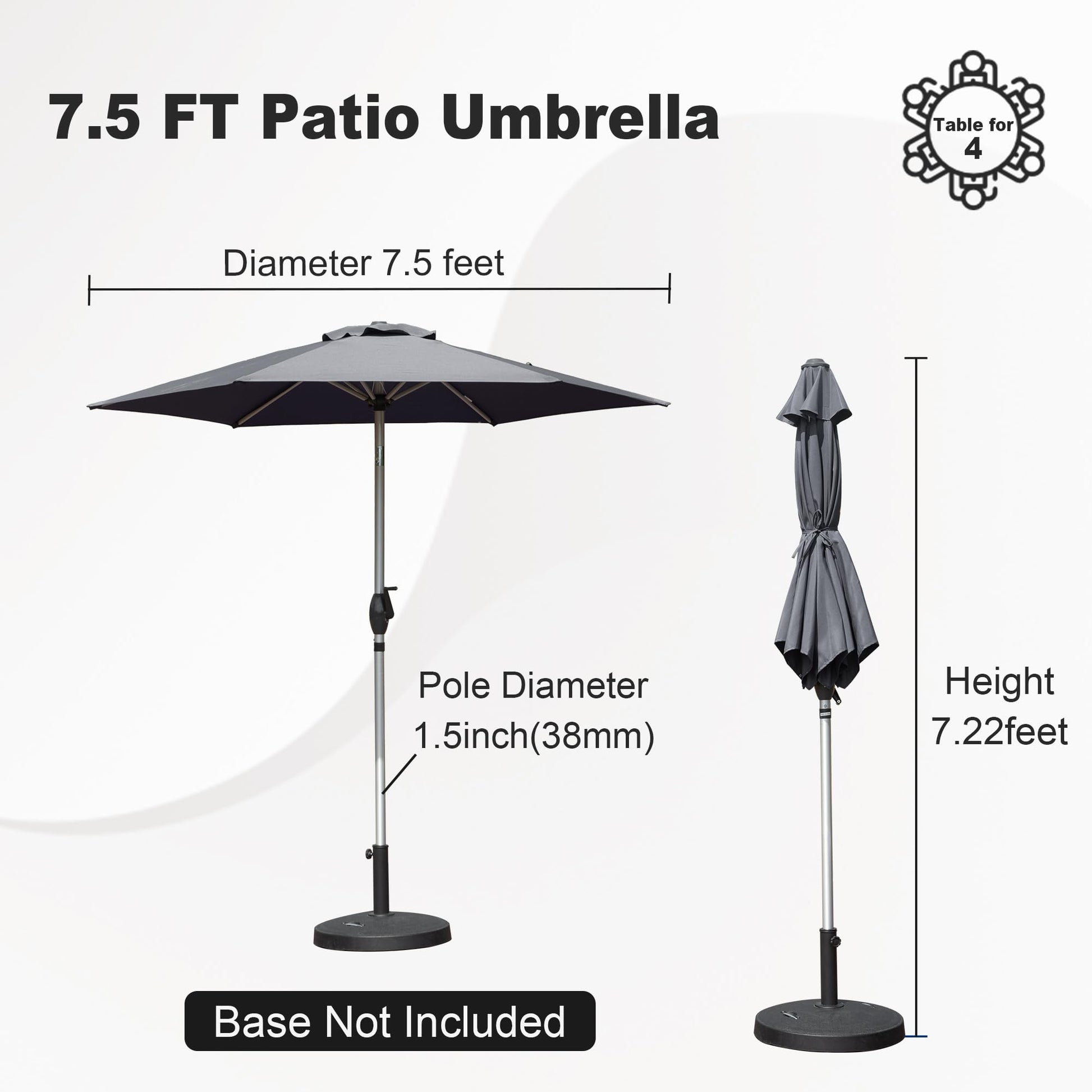 Dark gray  ft patio umbrella shown open with dimensions indicated