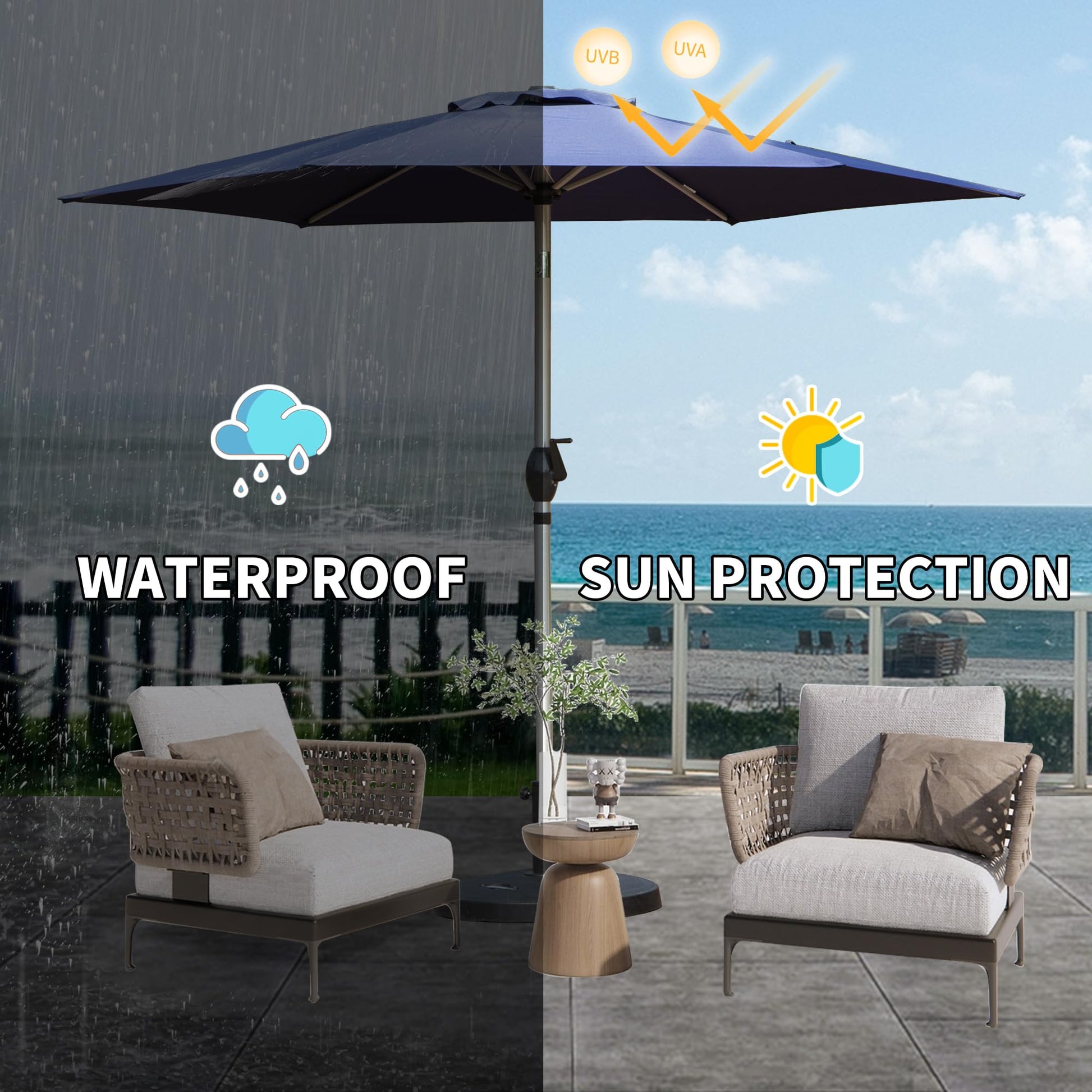 Navy blue patio umbrella with waterproof fabric blocking rain for outdoor relaxation