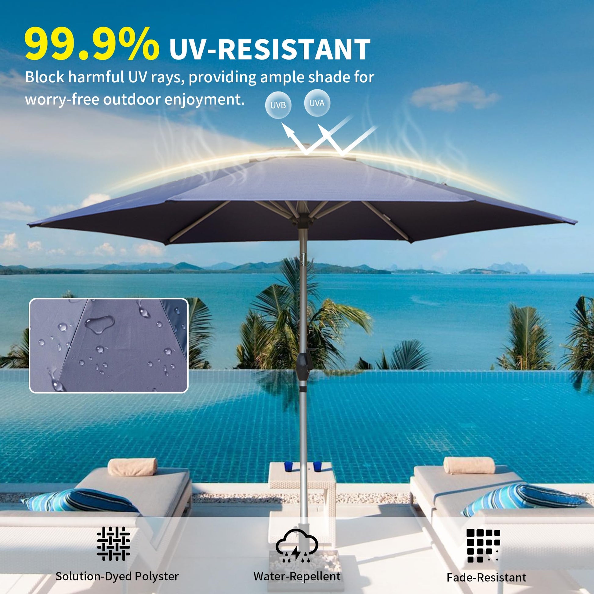 Navy blue patio umbrella with  UVresistant fabric and waterrepellent coating