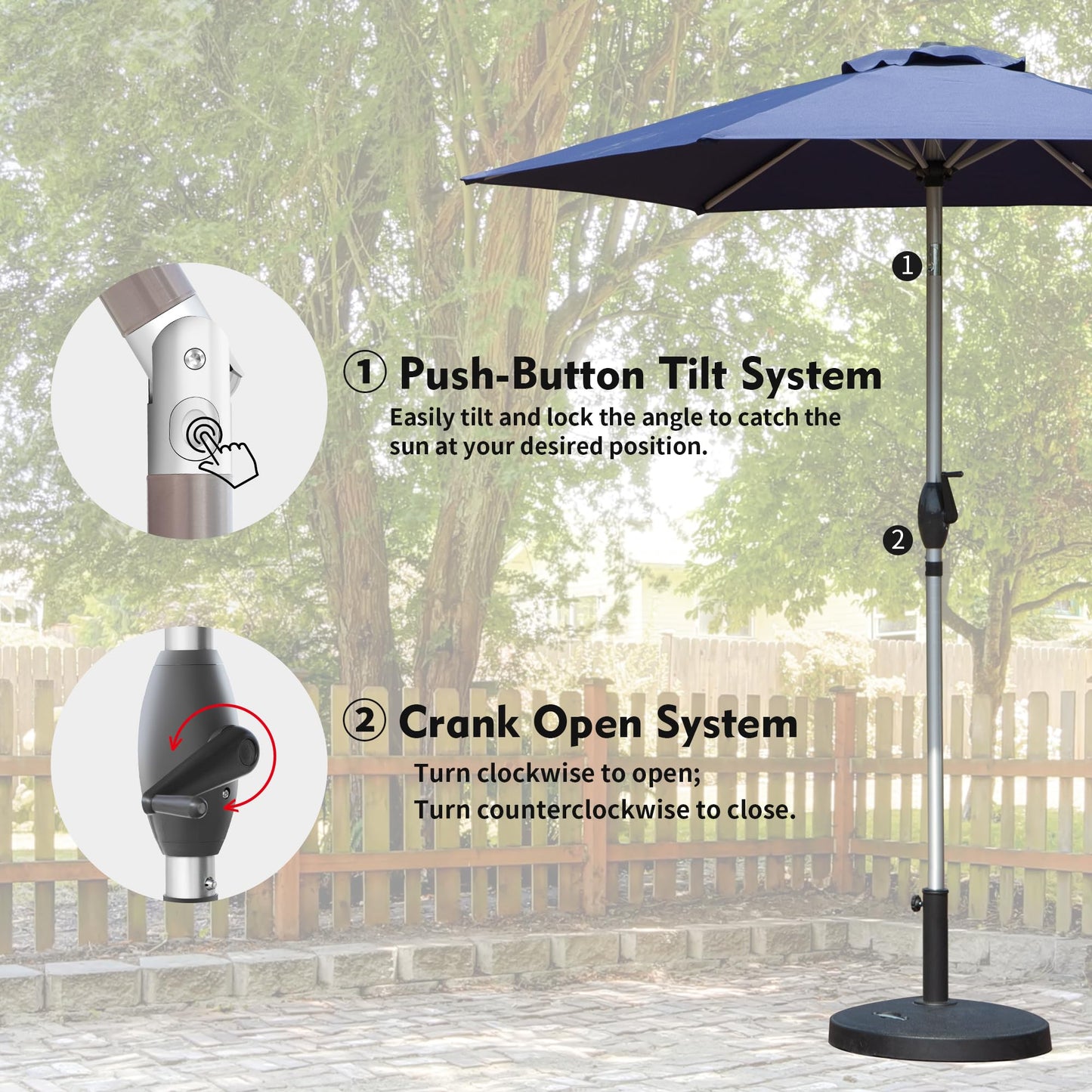 Dark blue patio umbrella with pushbutton tilt system for easy angle adjustment