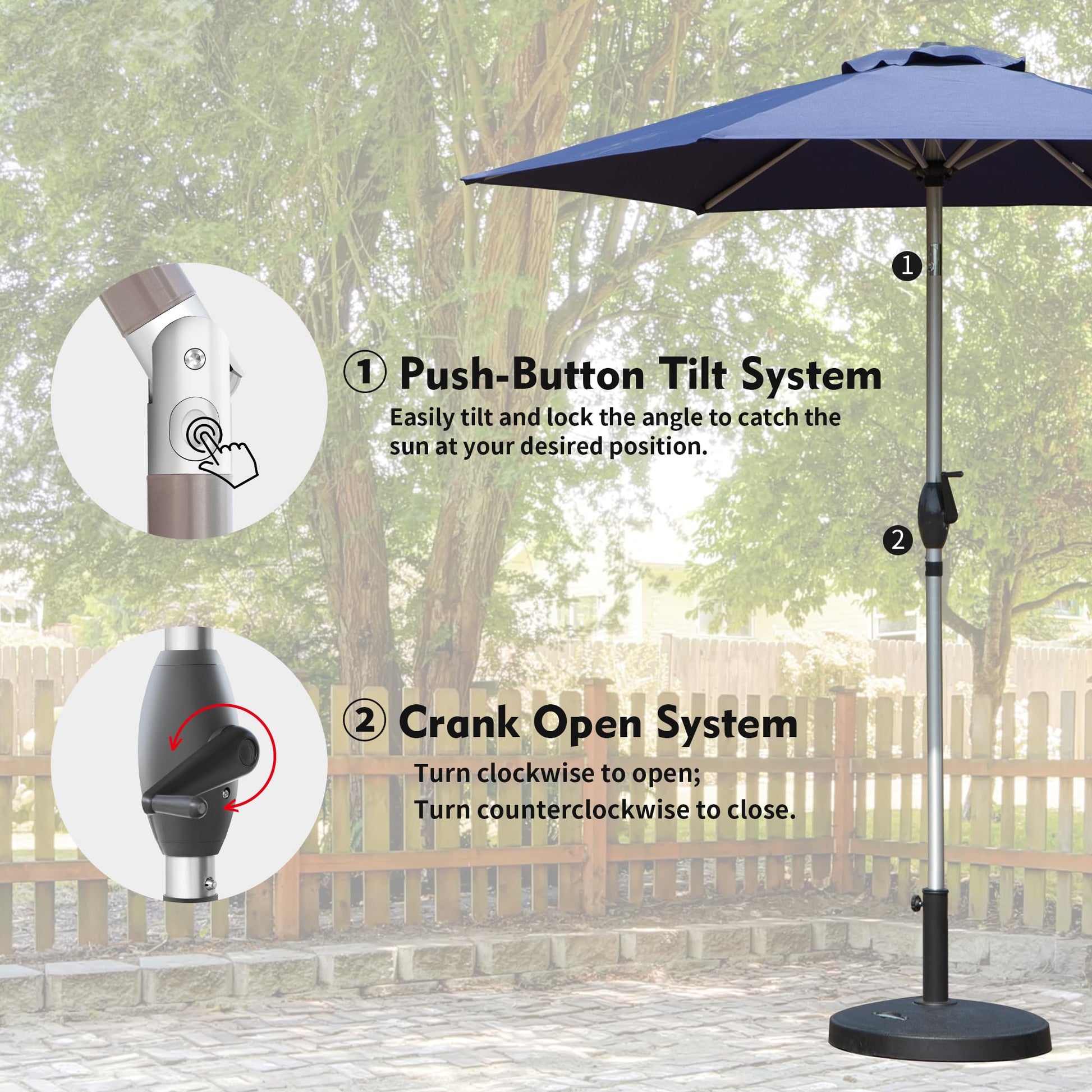 Dark blue patio umbrella with pushbutton tilt system for easy angle adjustment