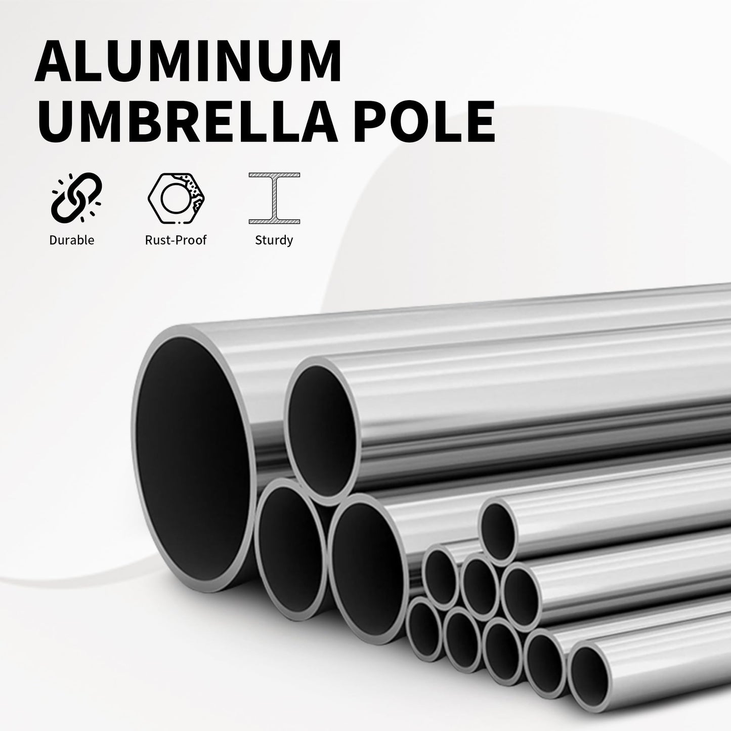 Pile of silver aluminum umbrella poles showing various diameters and lengths