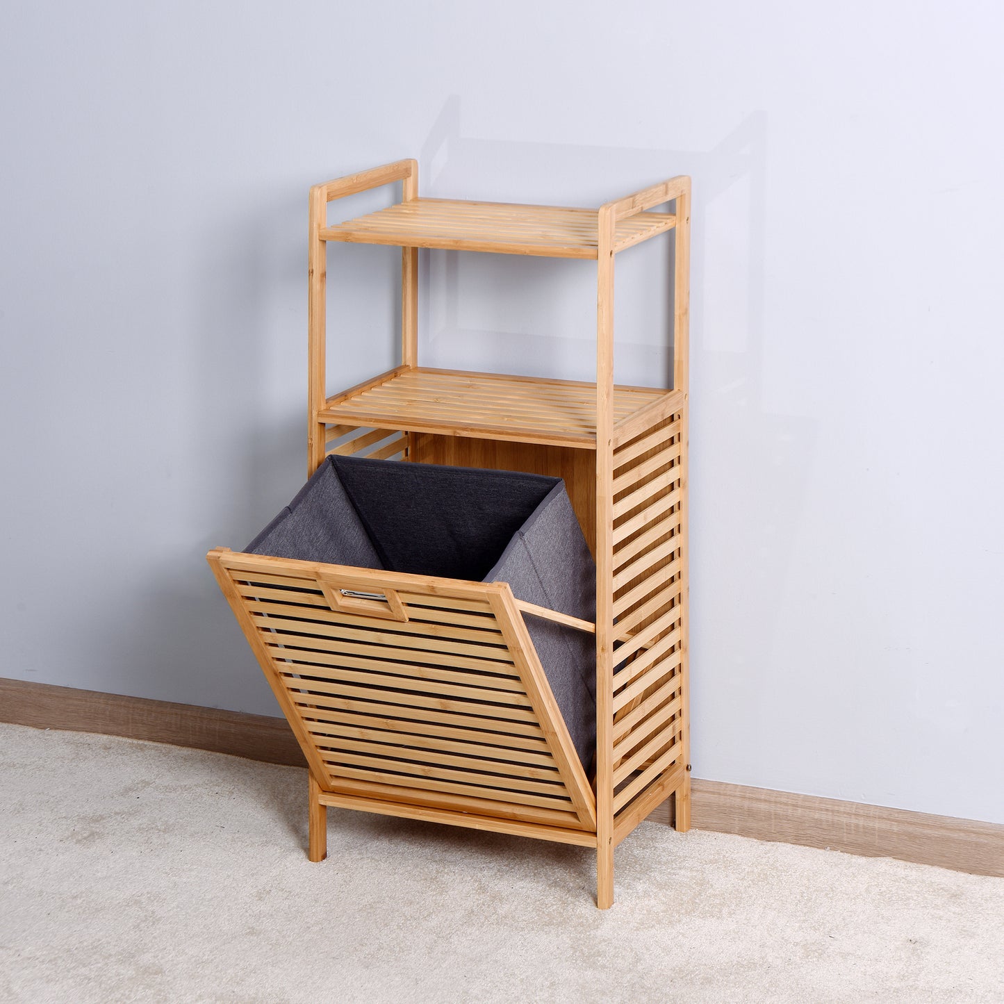 Natural bamboo laundry sorter with removable dark gray hamper and two slatted shelves