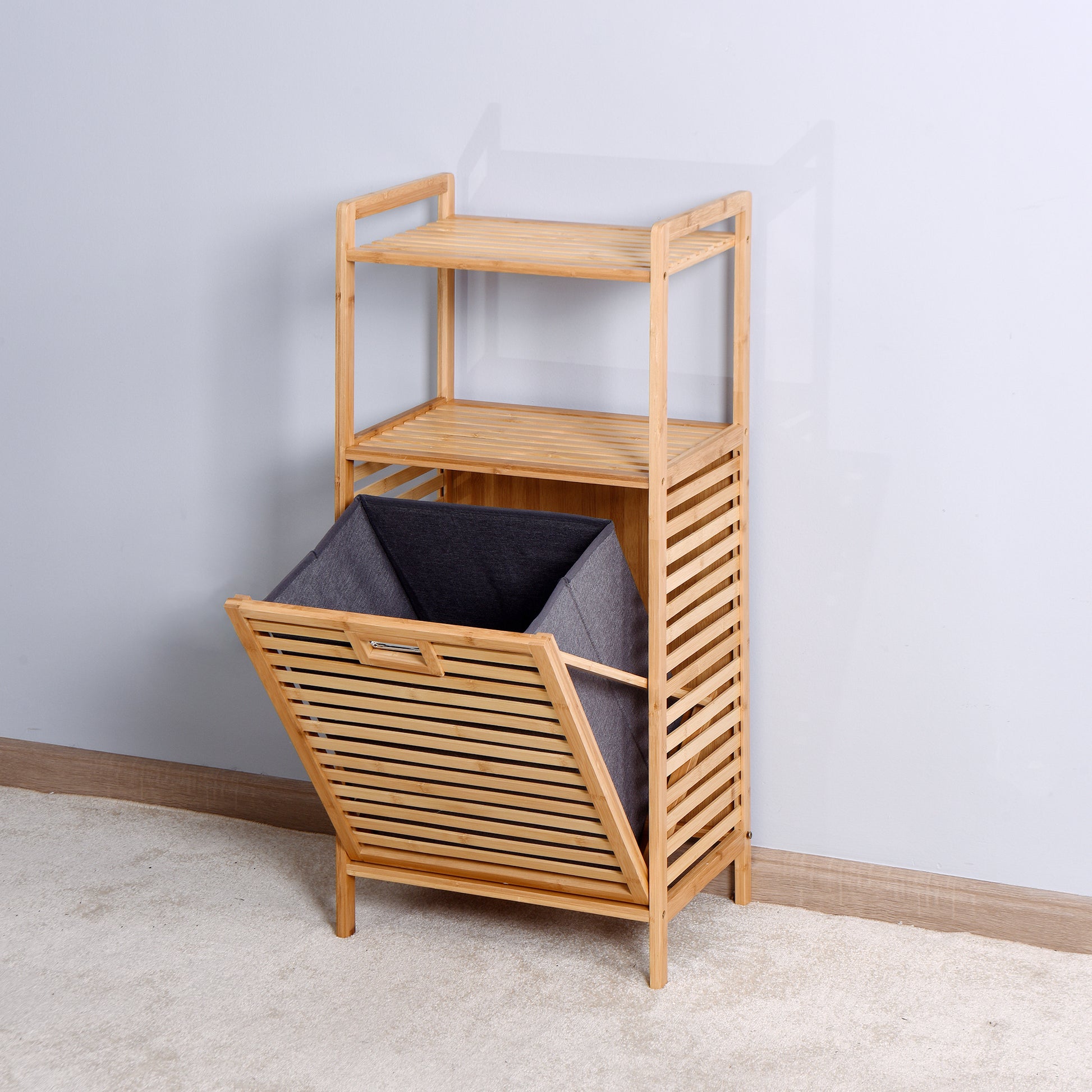 Natural bamboo laundry sorter with removable dark gray hamper and two slatted shelves