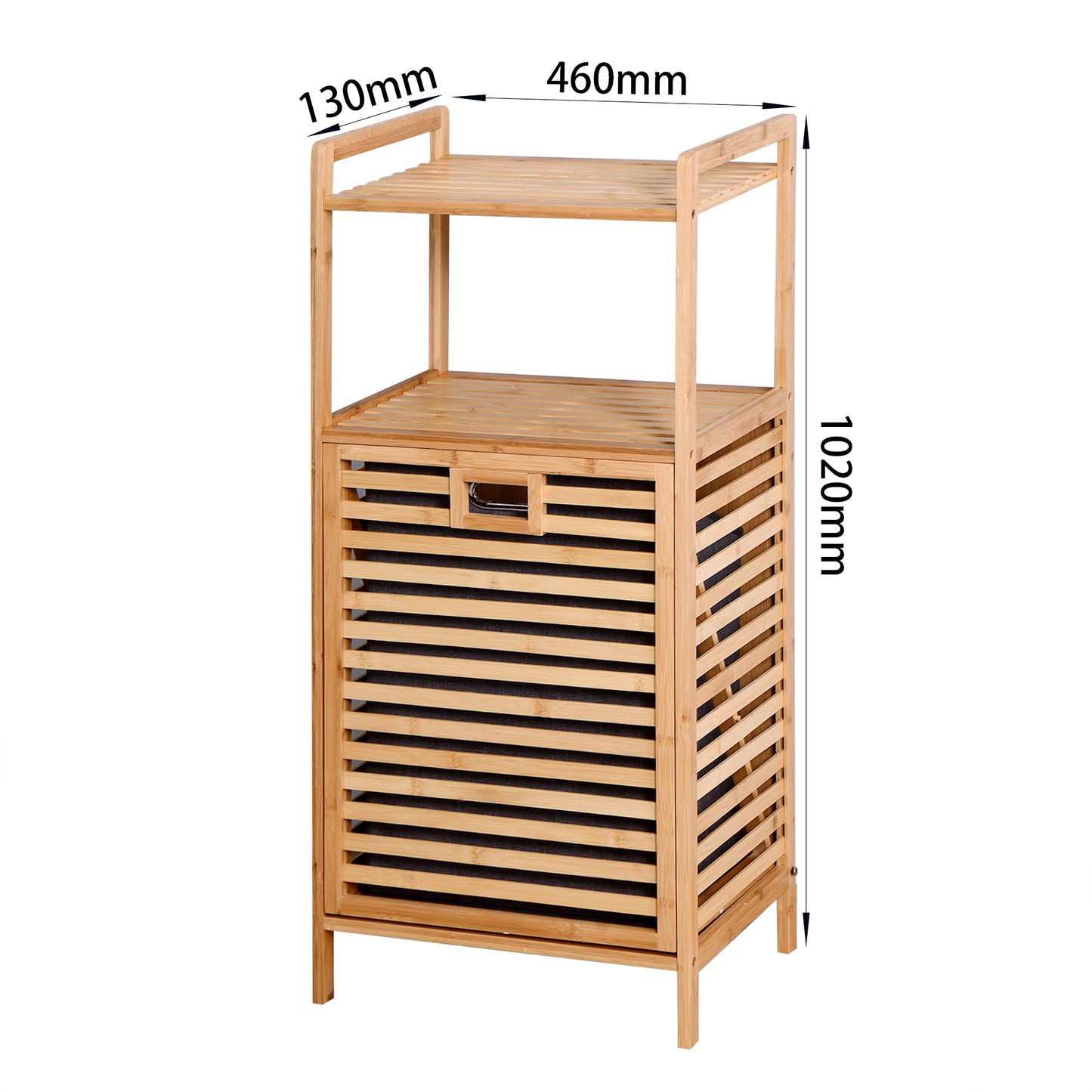 Bamboo laundry hamper with slatted front and two open shelves