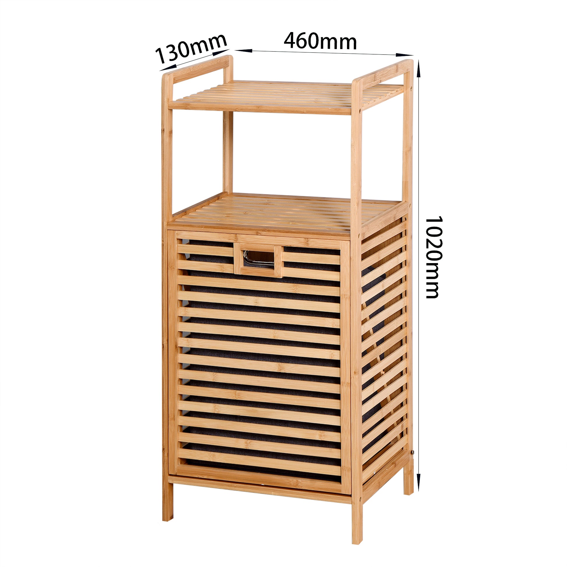 Bamboo laundry hamper with slatted front and two open shelves