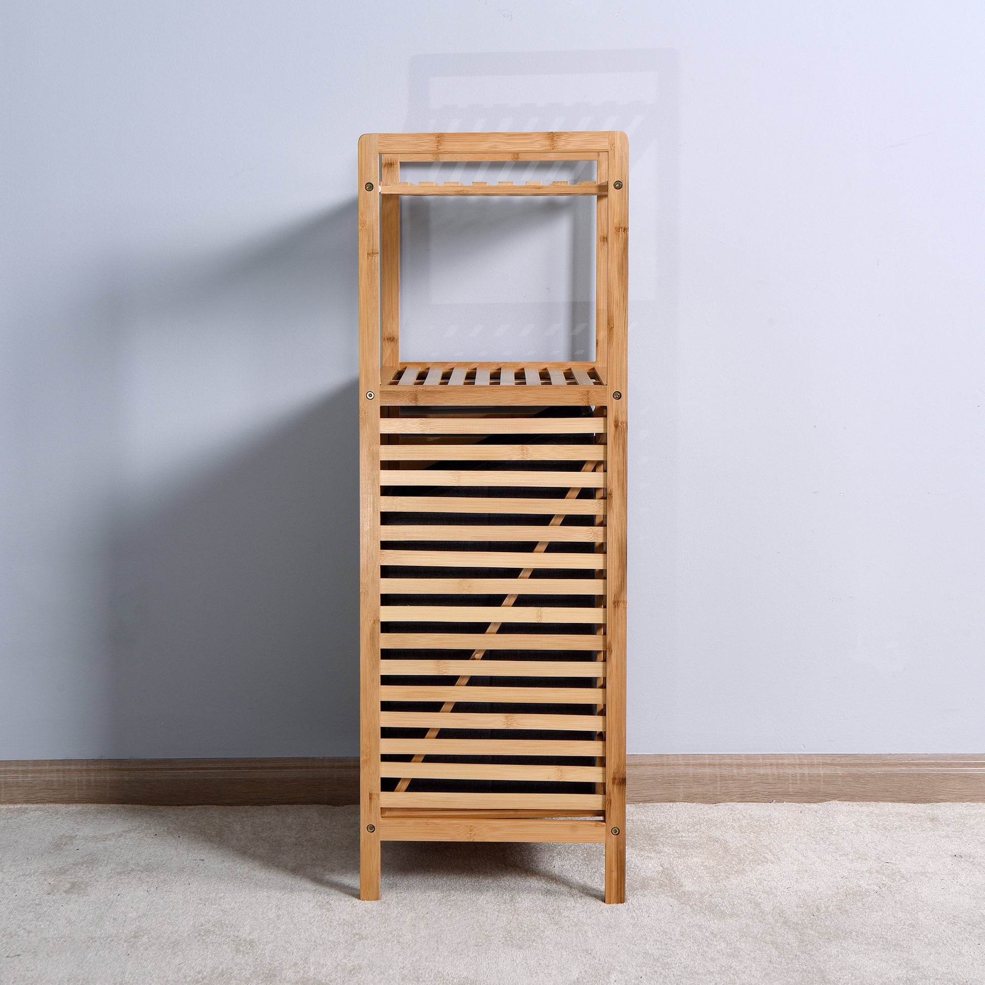 Tall bamboo slatted shelving unit with two shelves and a louvered bottom compartment